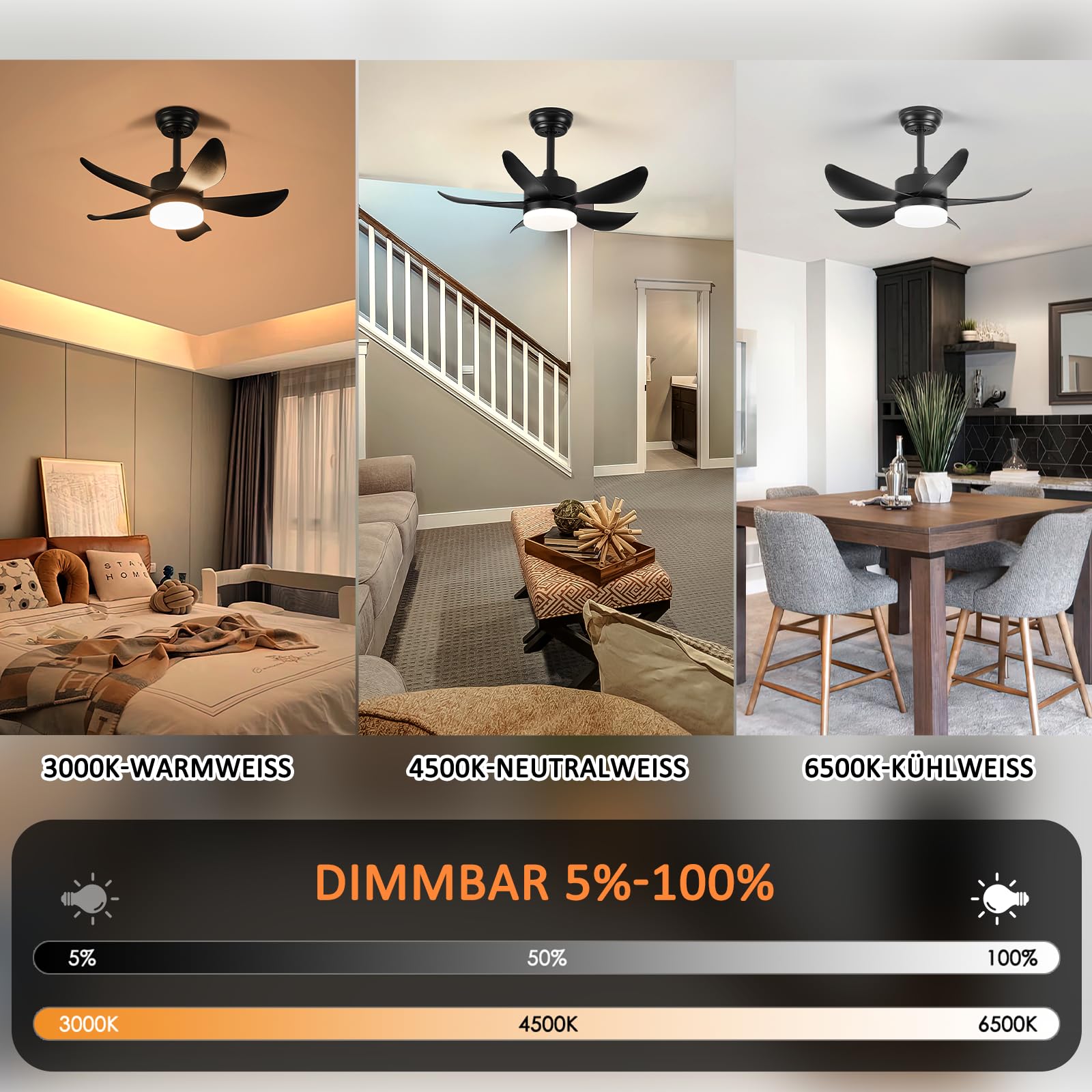 Smarter 76cm Deckenventilator Schwarz mit Beleuchtung & Fernbedienung, umkehrbarer Lauf, geräuschlos, 6 Stufen + Timer. Geeignet für Schlafzimmer, Wohnzimmer, Küche, Innenräume und Terrassen.