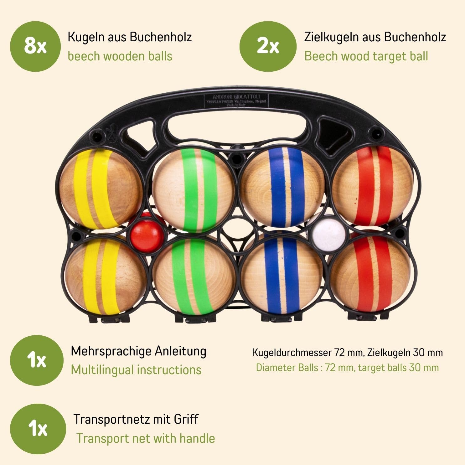GICO - Juego de petanca de madera maciza a rayas con 8 bolas de diámetro 7 cm fabricado en la UE - 3015