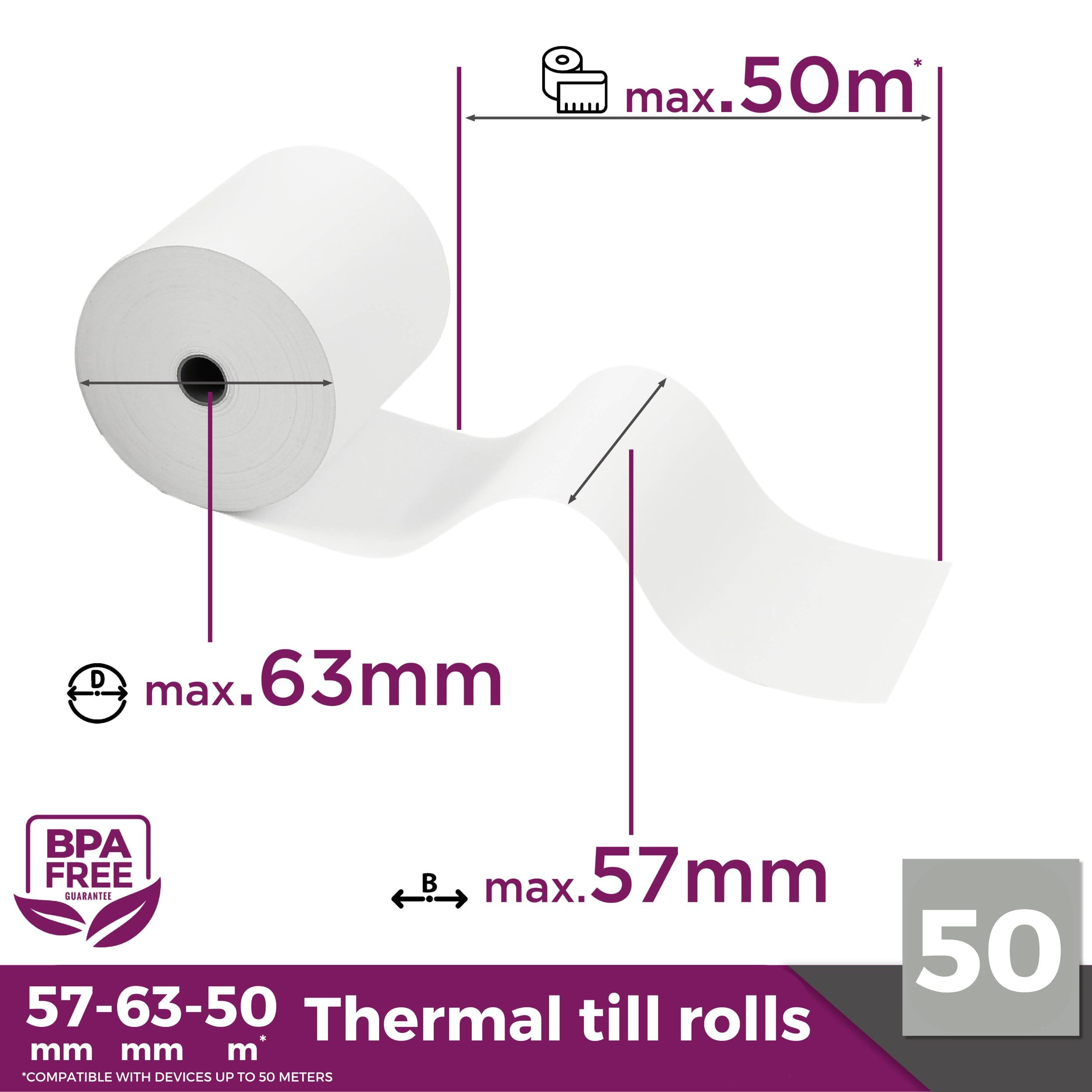 Papel térmico 57mm x 50m x 12mm - ideal para todas las cajas registradoras y TPV - Rollos para impresora térmica - (57x55x12) Blanco -Sin BPA (50 Rollos)