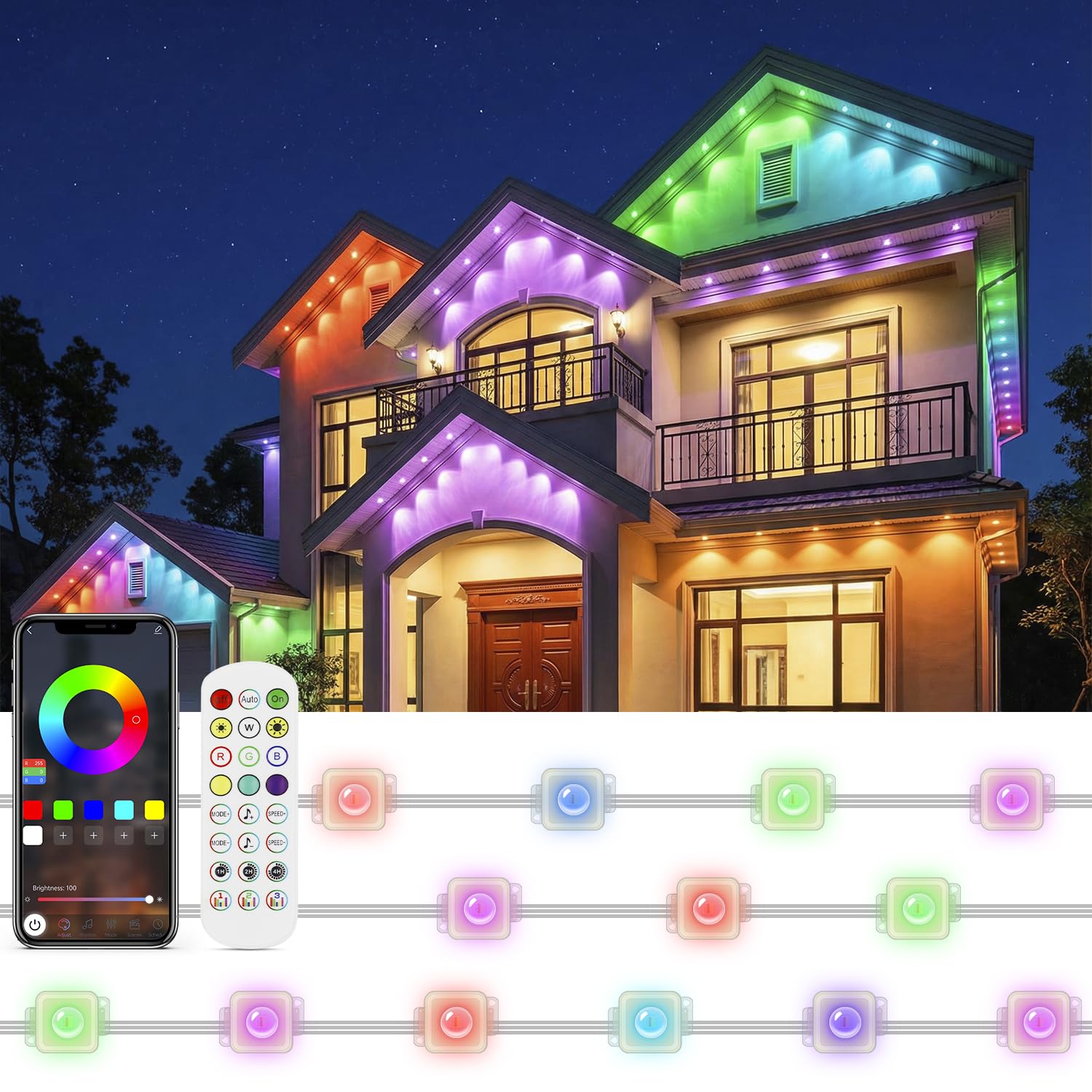 15M Lumières Permanentes Extérieur RGB, guirlande lumineuse, étanche IP65 pour l'extérieur, avec télécommande et application, minuterie, pour les fêtes, la décoration quotidienne
