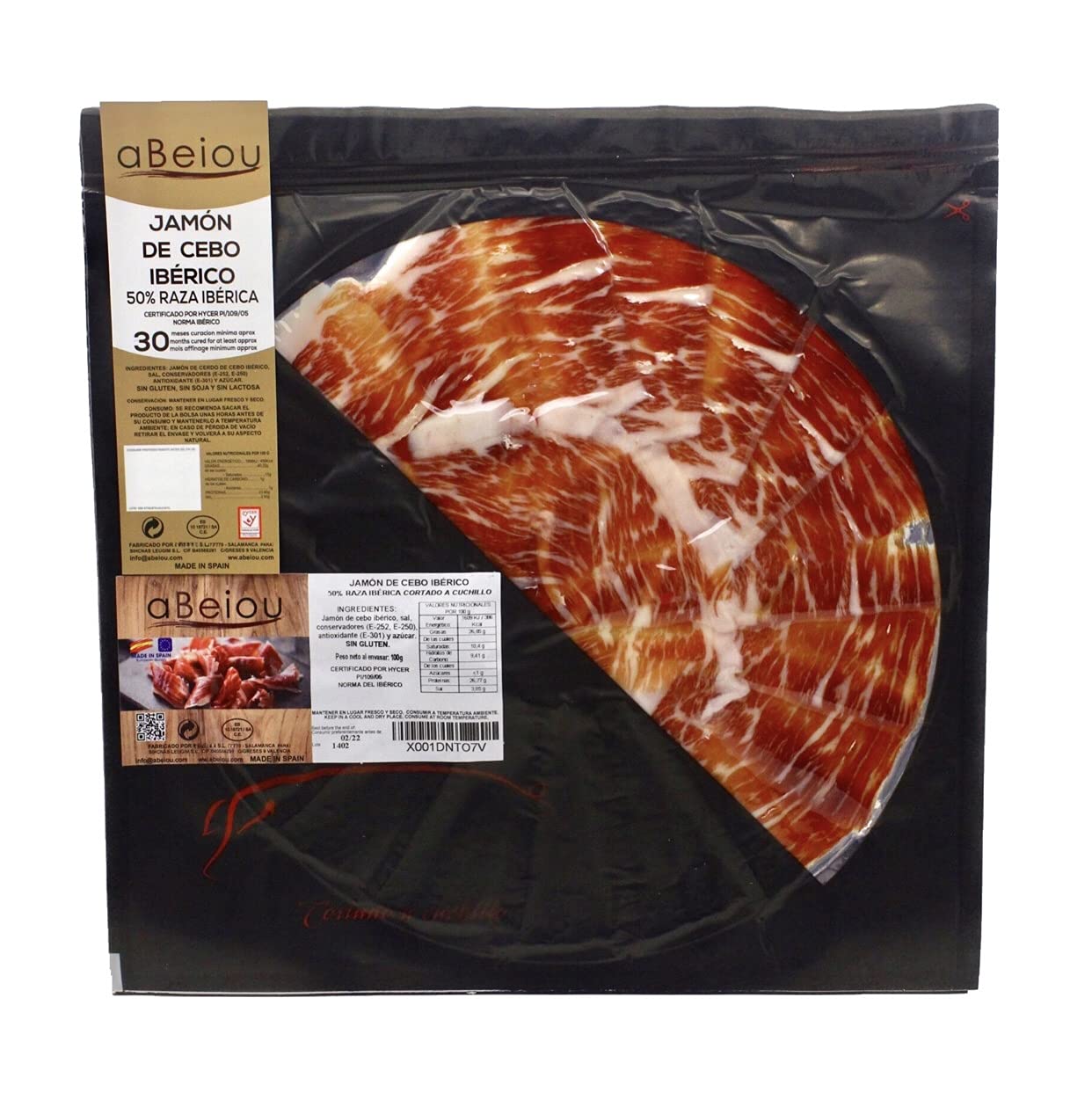 Iberico Schinken Handgeschnitten Jamon Iberico Cebo 100 g (1 Teller) — +30 Monate Gereift — Hycer Zertifiziert — Spanischer Schinken Guijuelo — Vakuum verpackt — aBeiou