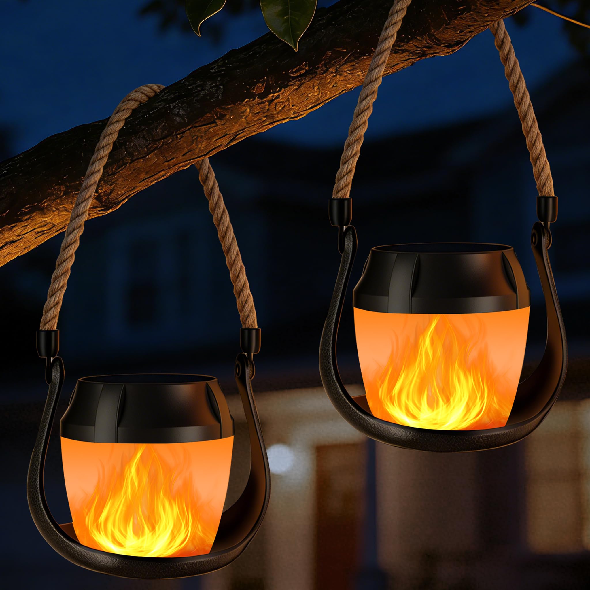 Solar Flammen Laterne für Außen Hängend, 2 Stück Solarlampen für Außen IP65 Wasserdicht Balkon, Solarleuchten Garten Lampion Halloween Deko Outdoor Leuchten für Terrasse Rasen Hof Camping