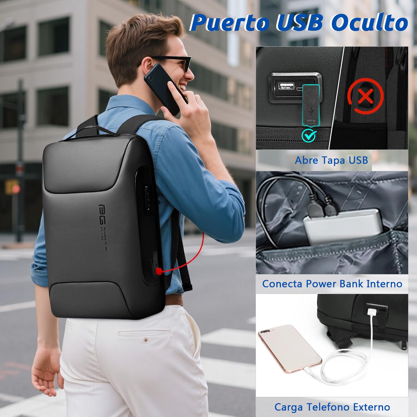 VARLIVOO Hombre Mochila USB Port Estudiante Mochila 15,6" Portátil Universitaria Anti-Robo Contraseña Cerradura Mochila de Hombre Trabajo Viajar Colegio Impermeable Polyester Gris