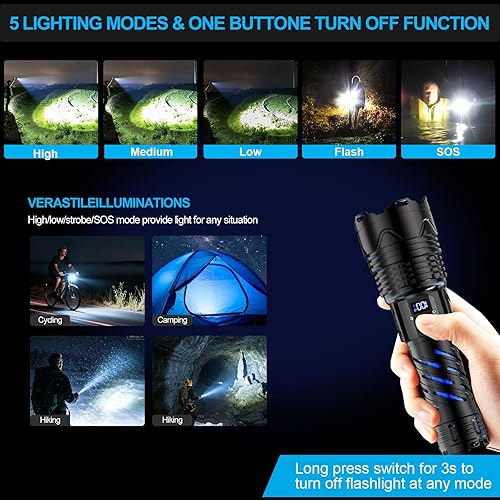 Miniatura 5 de Karrong Linterna recargable, linterna de haz largo de alto lúmenes, linterna potente súper brillante, 5 modos, zoomable, impermeable, luz táctica