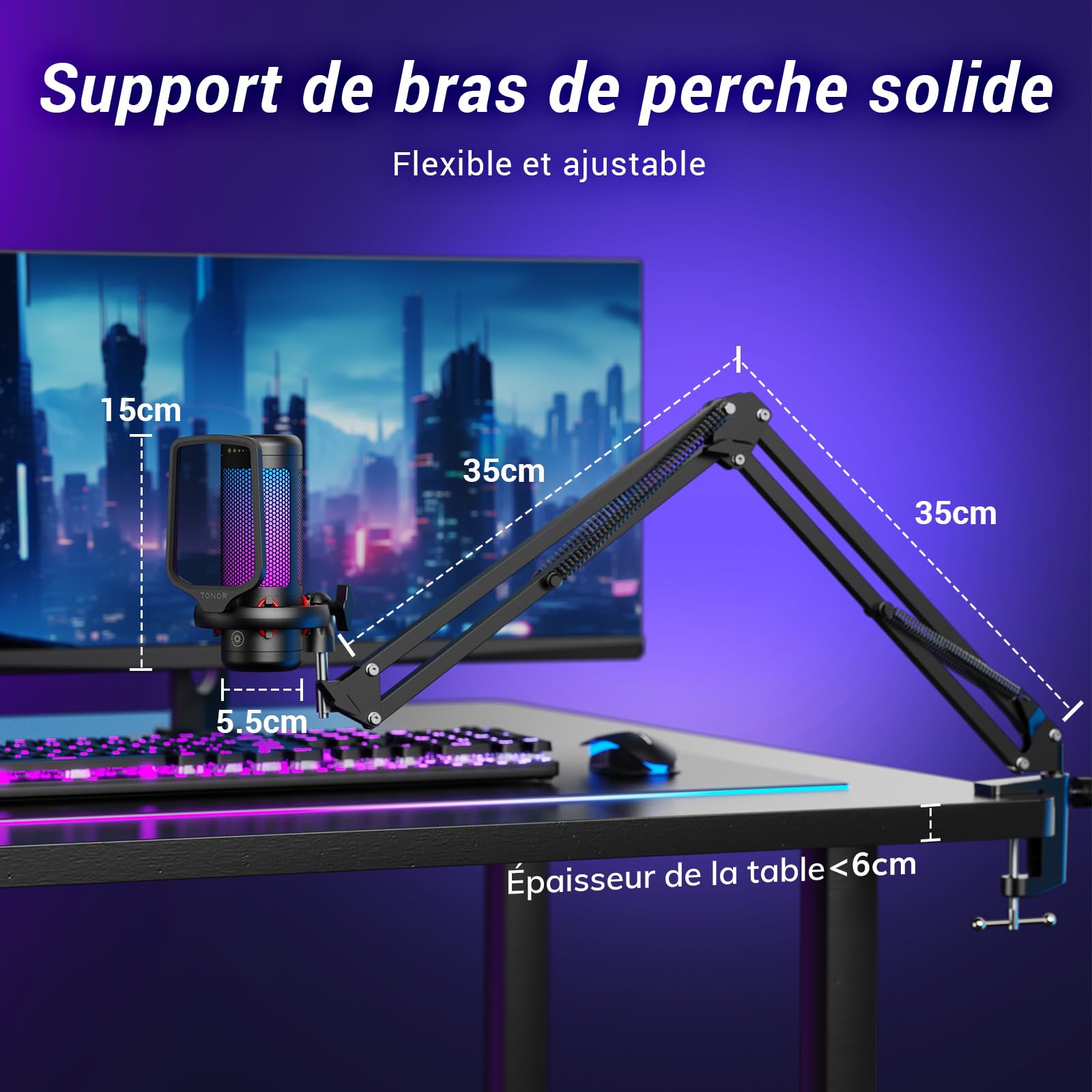 TONOR Micro PC Gaming RGB, USB Microphone Condensateur Professionnel Mic avec Support de Bras pour Streaming, Enregistrement, Youtube Discord Gaming, Voix-Off pour Ordinateur Laptop Mac,200cm, TC310+