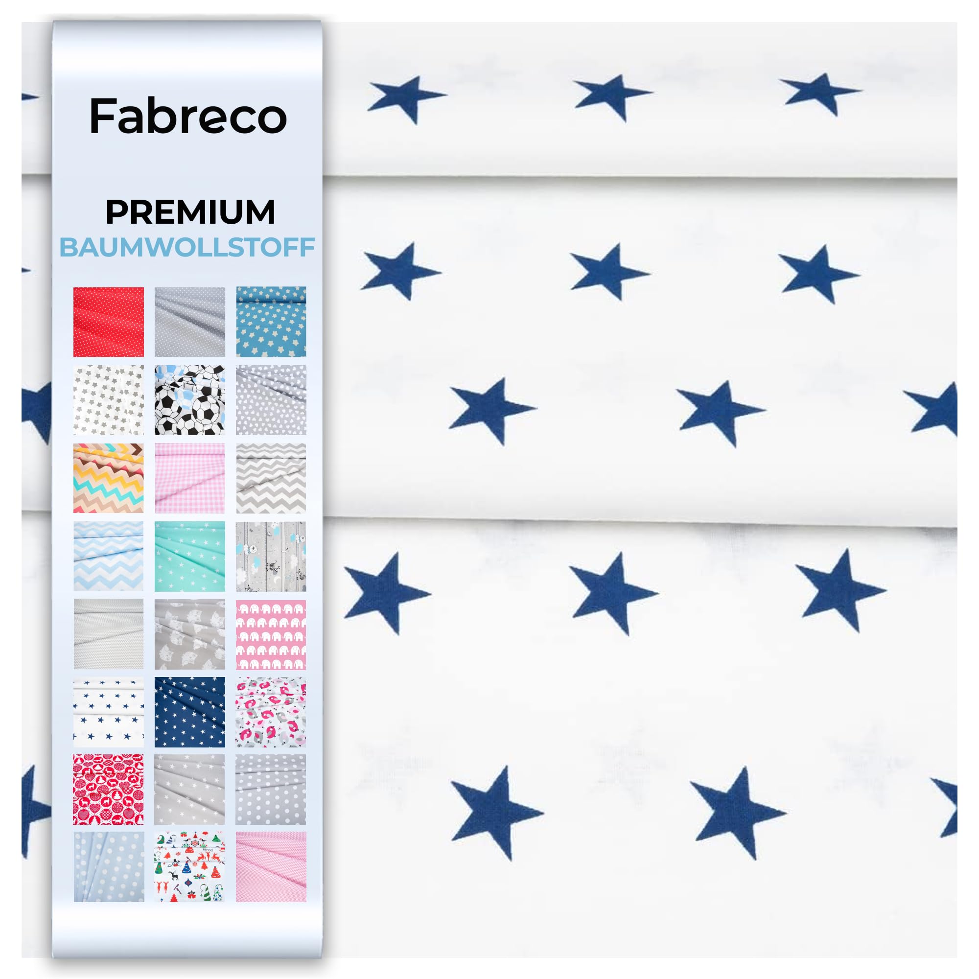 Fabreco - Baumwollstoff Meterware - 220g/lfm | Stoff Meterware mit Muster: Sterne weiß-dunkelblau | Weich, langlebig & hautfreundlich