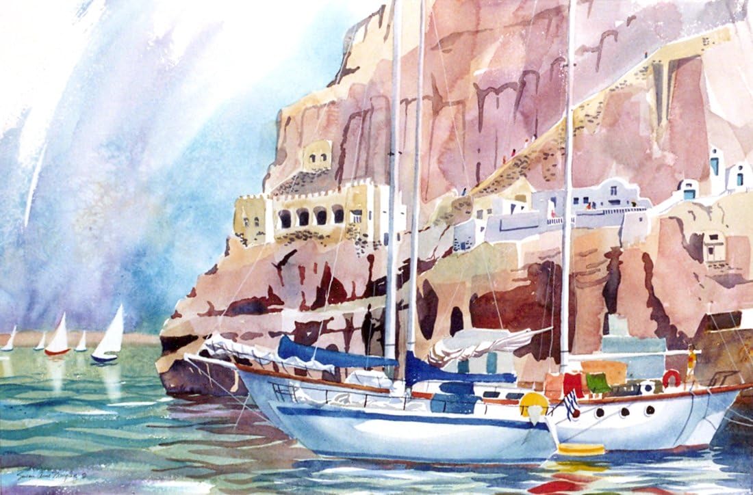 Style ARThouse Boats At Santorini, Giclee Print of a Watercolor Seascape, Sailboats Docked on a Greek Island, 13 X 20 Inches