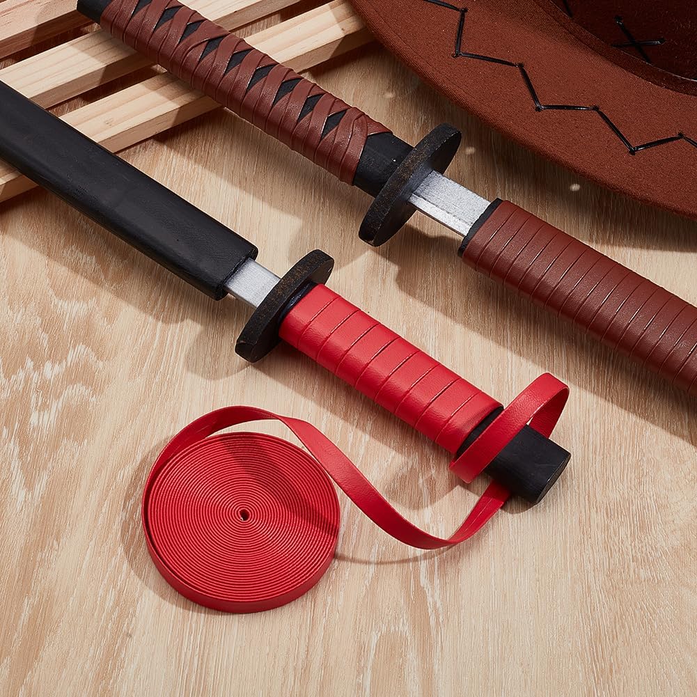 GORGECRAFT 5m x 10mm Faux Leather Strips Foldover Leather String Red PU Trimming Flat Leatherette Cord Straps for DIY Crafts Tooling Workshop Bracelet Jewelry Making Sword Handle Wrapping Decorations