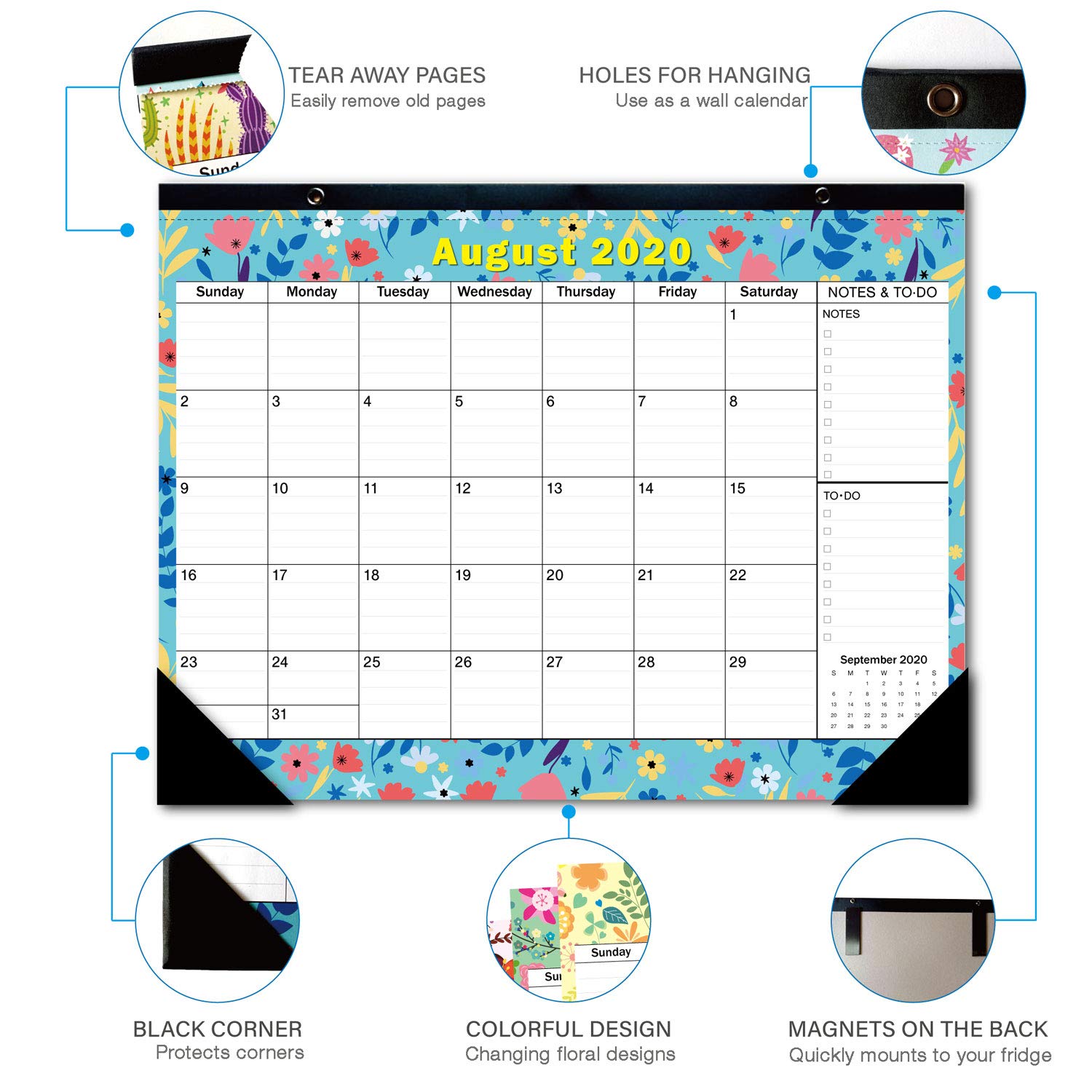 Calendario académico mensual grande de escritorio 2019-2020, diseño floral con imanes para nevera y pared, calendario grande de agosto de 2019 a diciembre de 2020, 17.3 x 13.2 pulgadas
