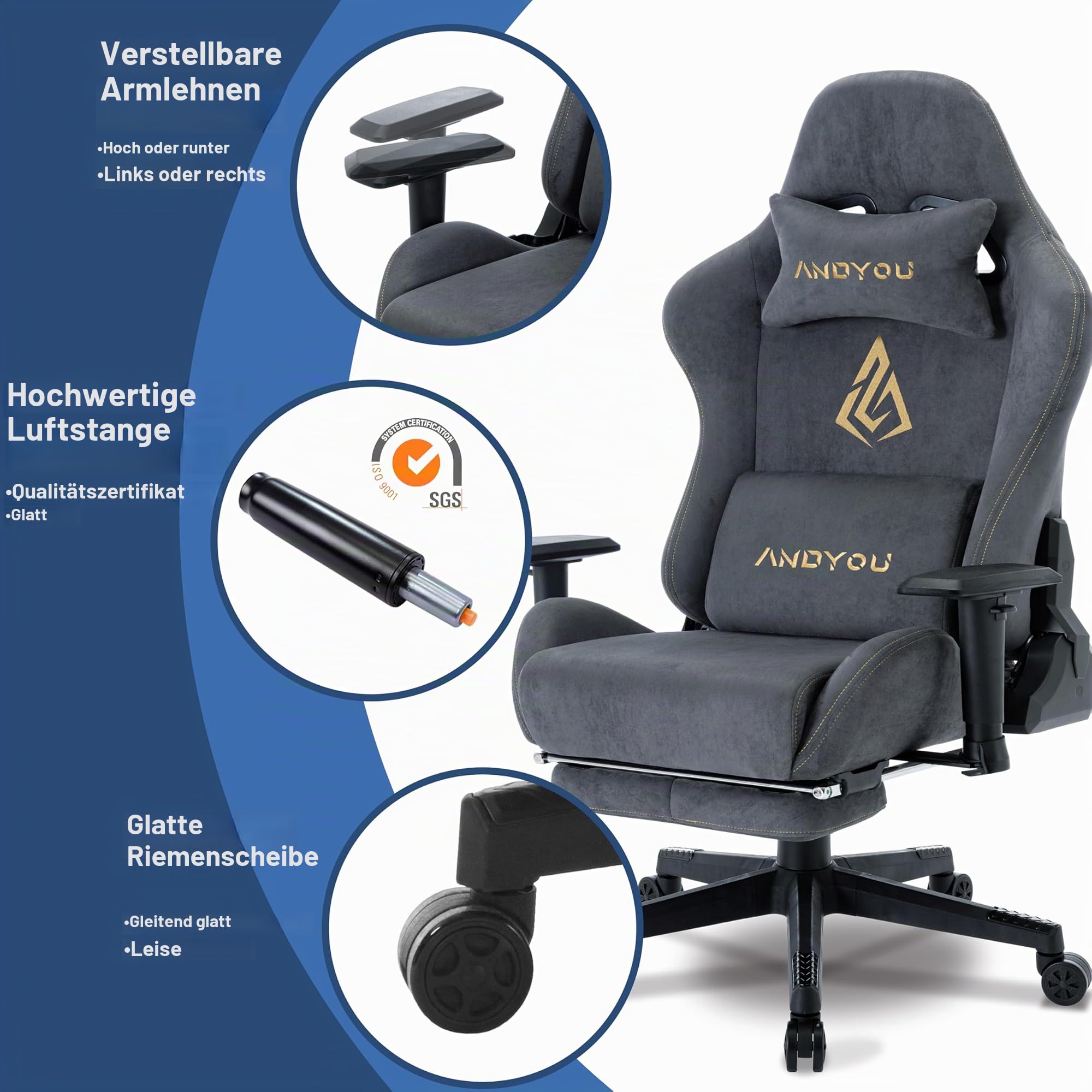 Andyou Gaming Stuhl – Ergonomischer Gaming Sessel Erwachsene, Gamingstuhl mit Fußstütze, Atmungsaktiver Stoff Bürostuhl, Höhenverstellbarer Gaming Chair