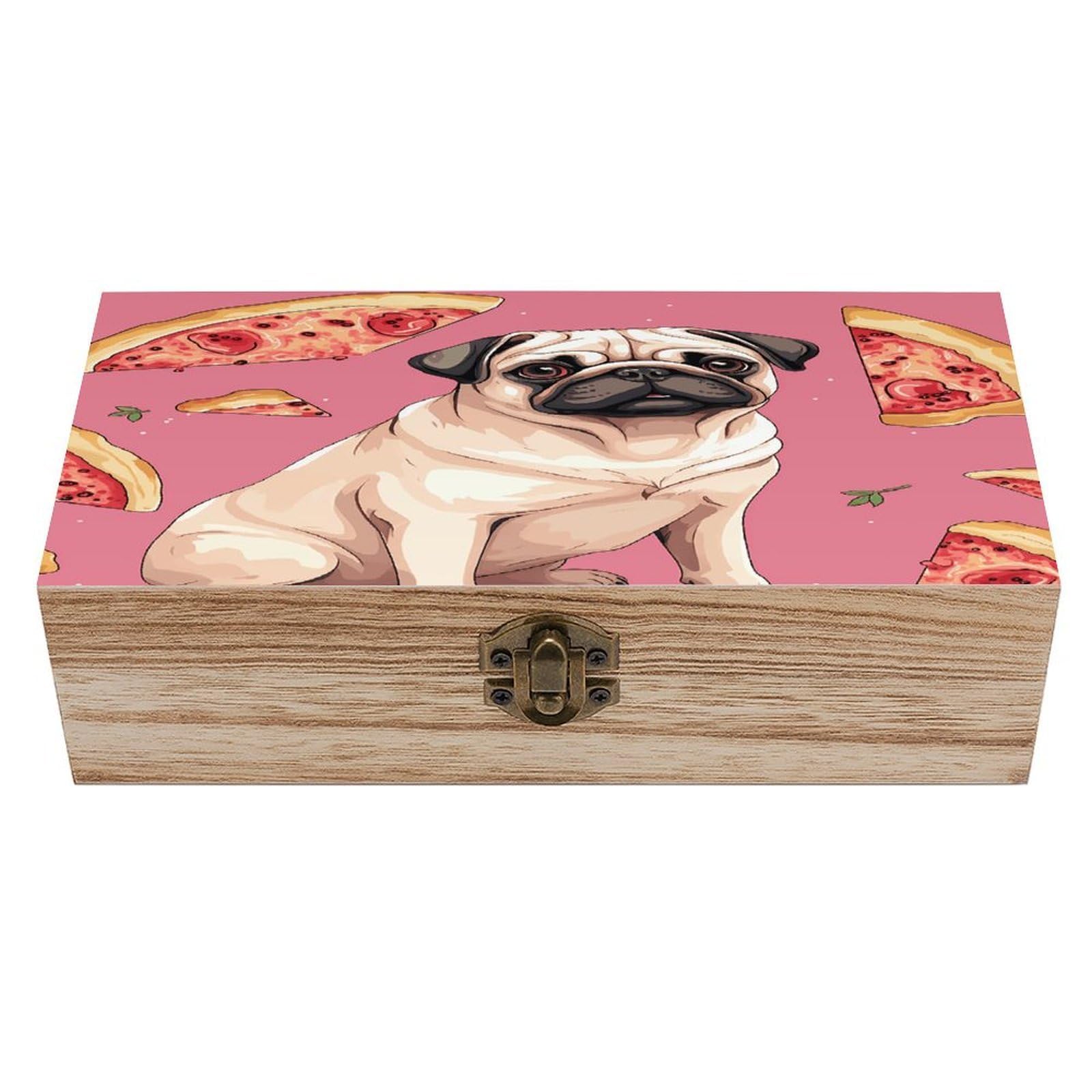 VstaDank Pug Pizza Pink Wooden Keepsake Box with Hinged Lid Solid Wood Gift Boxes Beautifully Keepsake Box Jewellery Organiser Retro Memory Treasure Case with Lids Decorative Boxes