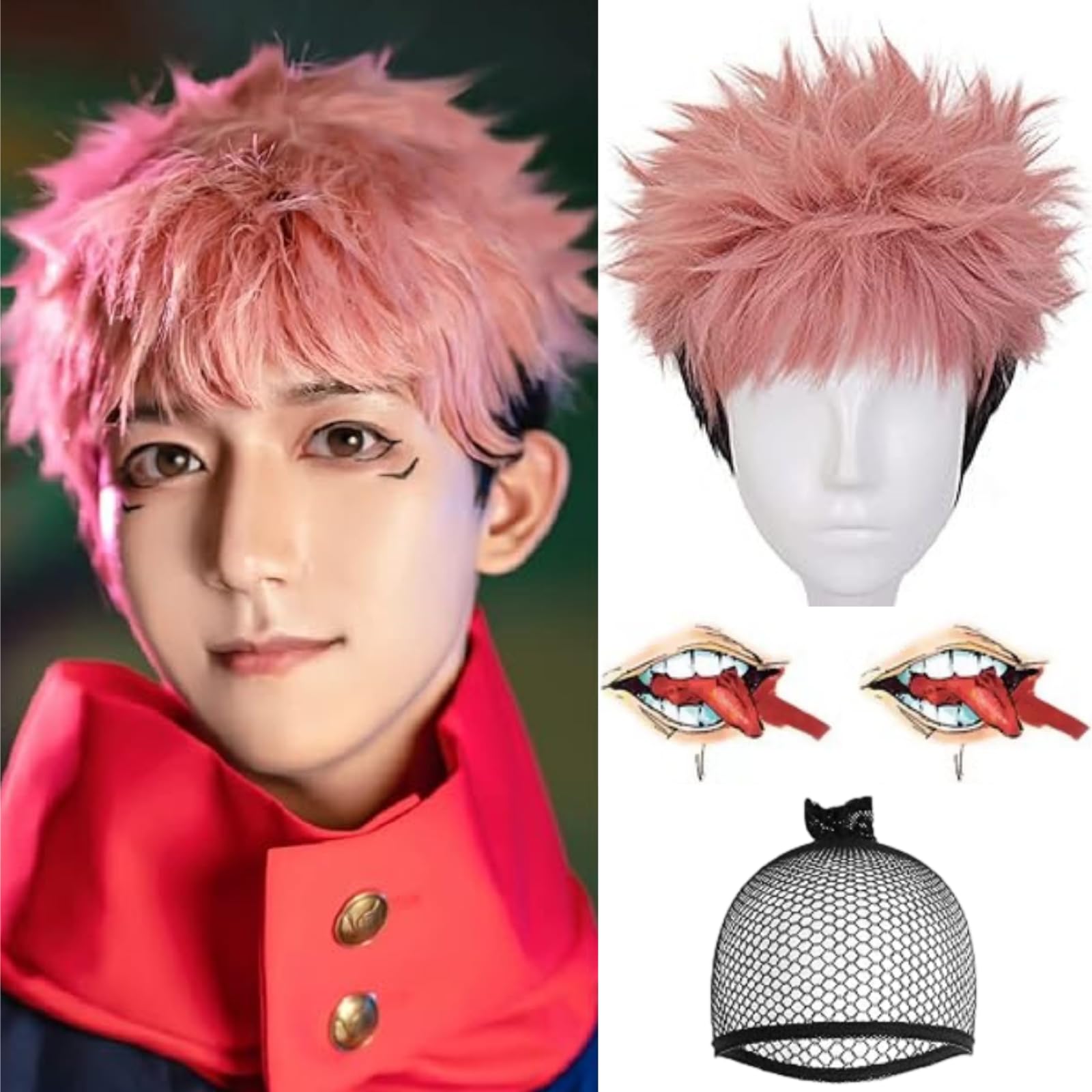 IMEYLE Pink and Black Anime Wig for Men and (2 Tattoo Sticker) Cosplay Short Wig with Bangs Synthetic Wigs for Halloween Costume Party + Hair Cap