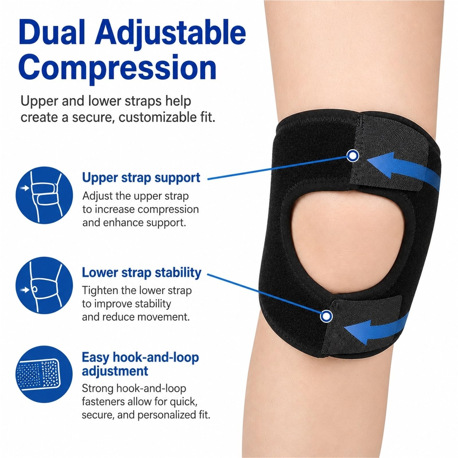 Rodillera Rotuliana Ajustable para Alivio del Dolor de Rodilla Soporte Estabilizador de Rótula con Almohadilla EVA y Muelles para Correr Tenis Menisco Tendinitis
