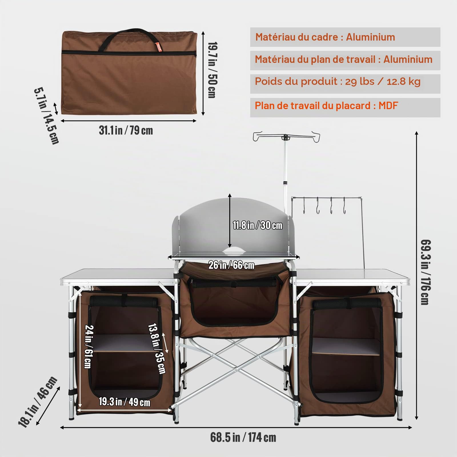 VEVOR Cuisine de Camping 174x176x46 cm Armoire de Camping Pliable Structure en Alu Grand Comptoir Meuble de Cuisine avec Pare-Brise 5 Compartiments avec Sac de Transport pour BBQ Pique-Nique Jardin