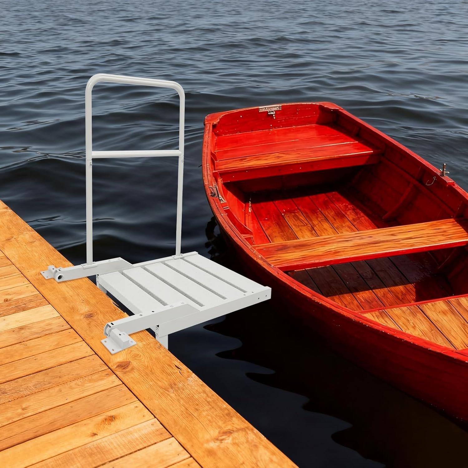 Large Boat Boarding Platform with Removable Handrail, Foldable Aluminum Alloy Boarding Step for Dock, Ramp, Kayak & Pets, 330 lbs Capacity, Grey