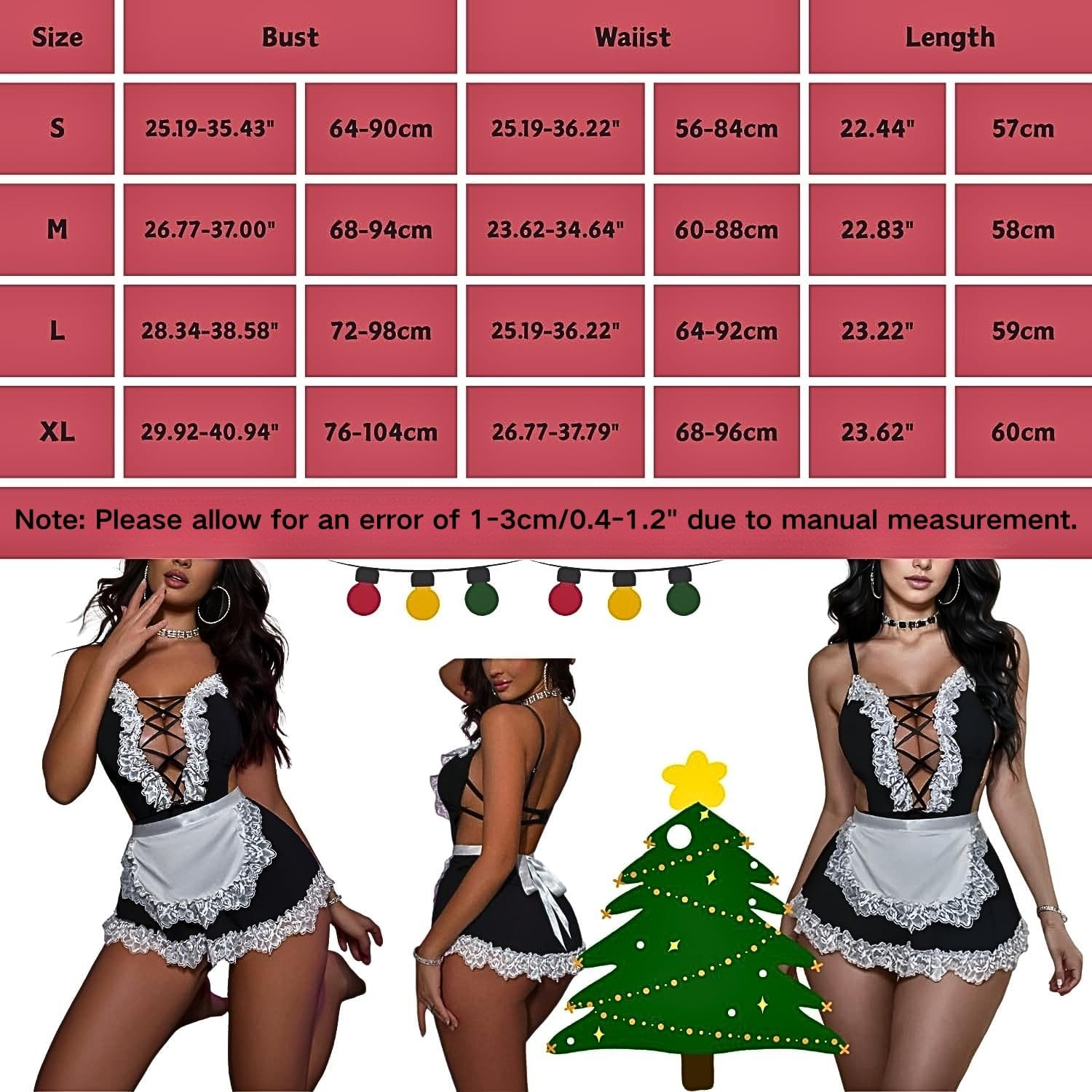 ROSVAJFY Women's French Maid Lingerie Set Lace Maid Cosplay Costume Babydoll Apron Dress Teddy Underwear Halloween Outfit