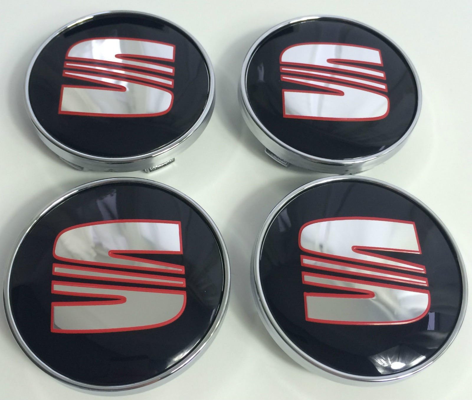 4x SEAT RED BLACK CHROME Logo Emblem 60mm Wheel Badge Centre Hub Caps Dust Covers FR SPORT PERFORMANCE IBIZA LEON ALHAMBRA AROSA ALTEA MII TOLEDO and other models