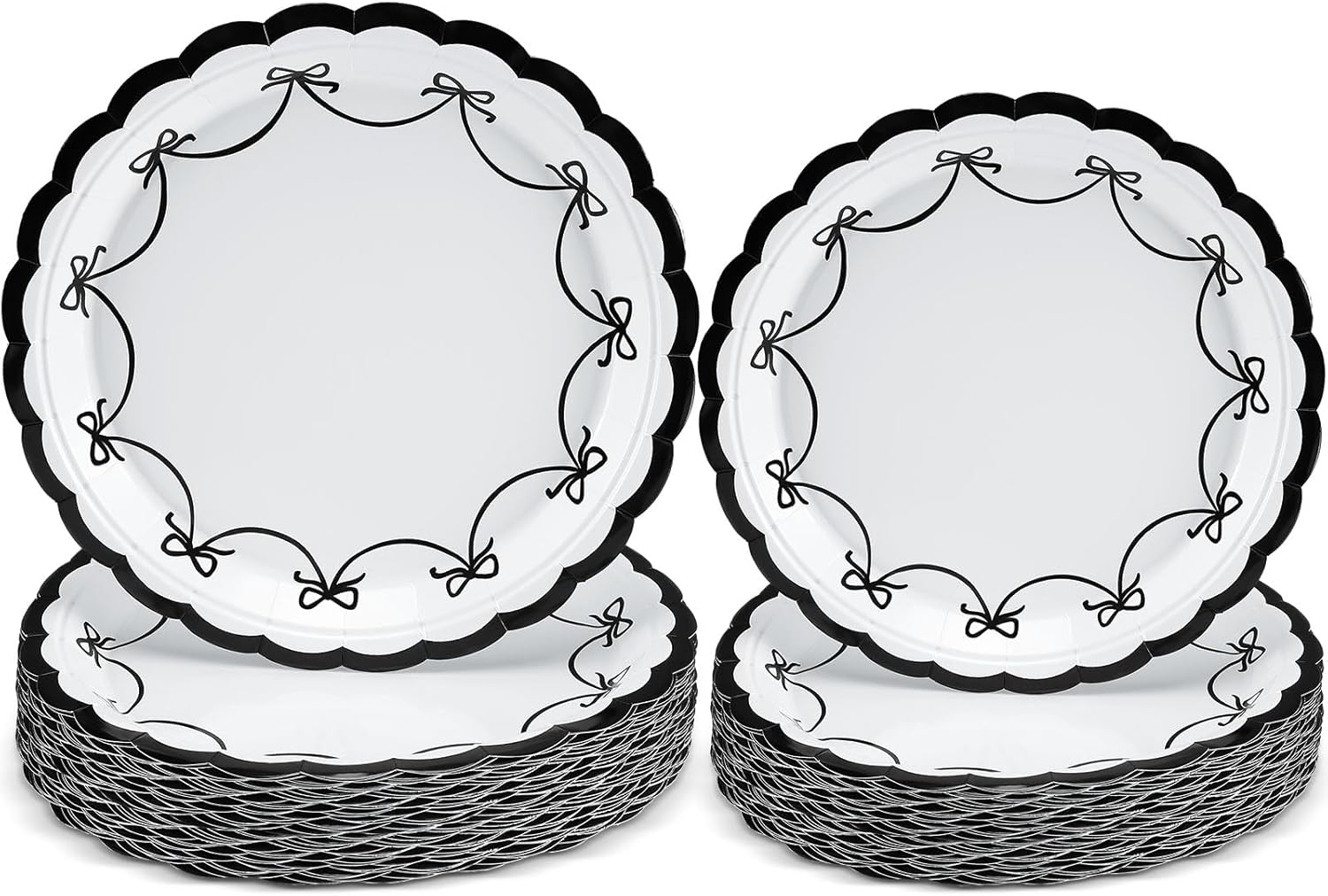 Yungyan 50 Pcs Black Bow Plates Scalloped Bowknot 7 and 9 Inch Black and White Paper Plates Disposable Tableware Coquette Party Decoration for Birthday Valentine's Day Wedding Bride Shower
