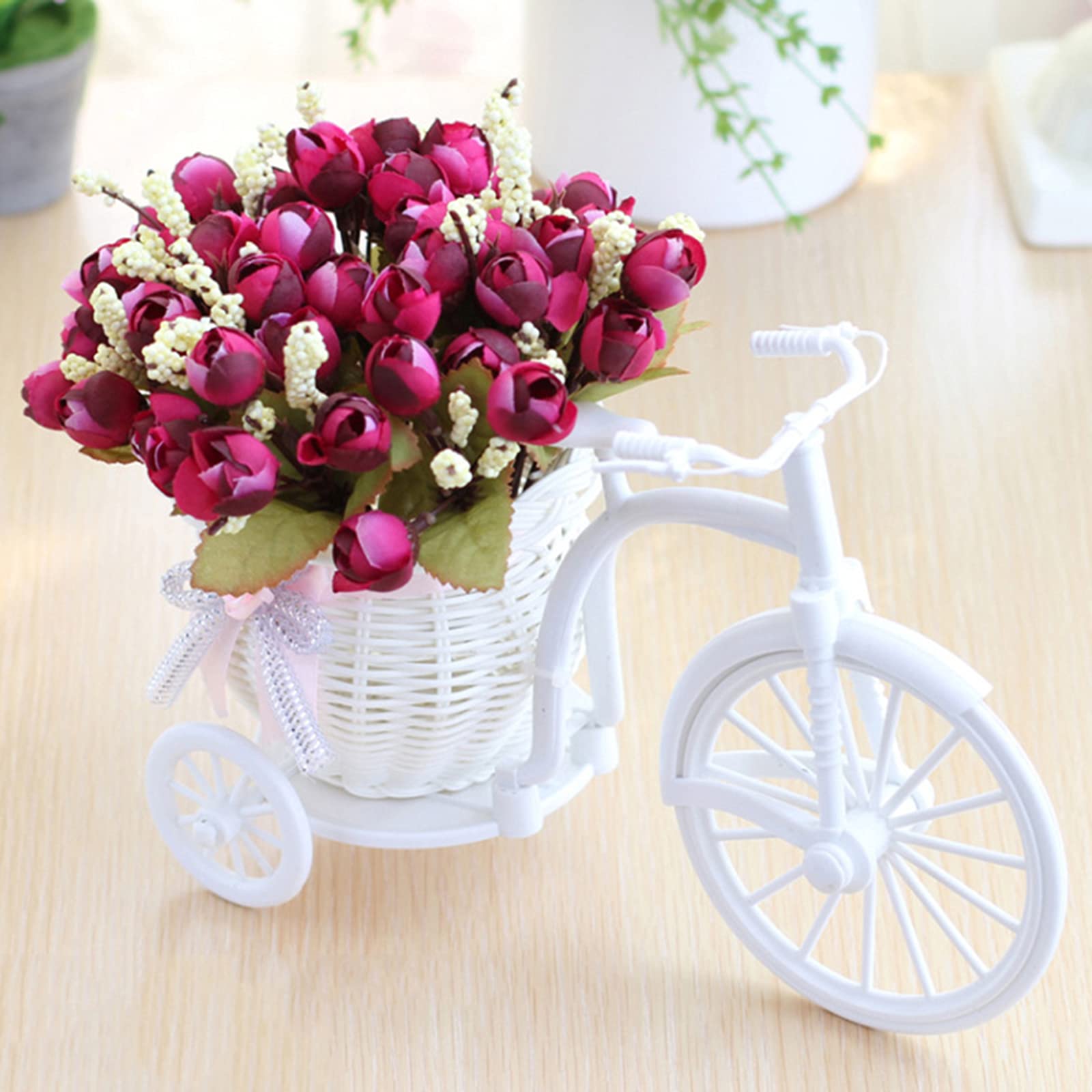 Nostalgic Bicycle Artificial Rose Flower Plant Stand Basket Decoration Creative Desktop Floral Personalized Fake Rose Arrangements for Home Tabletop Centerpieces Wedding Party Decor (White