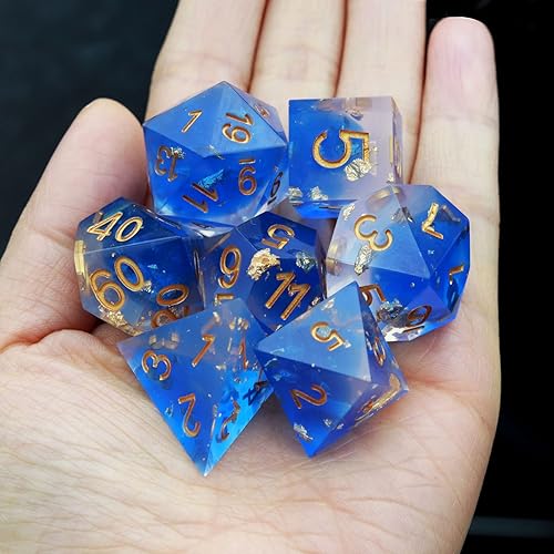 Miniatura 6 de Haxtec Juego de dados DND azules, dados de resina de borde afilado, copos dorados con estuche de dados D&D, dados para juegos de rol RPG,