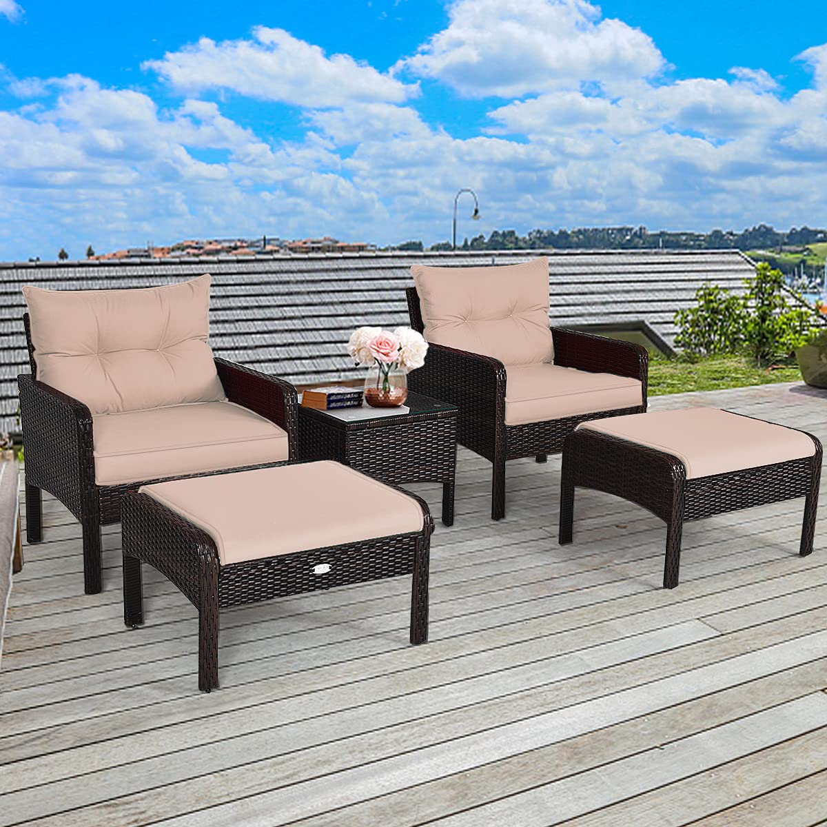 COSTWAY 5PCS Rattan Garden Furniture Set, 4Seater Cushioned Sofa Chair
