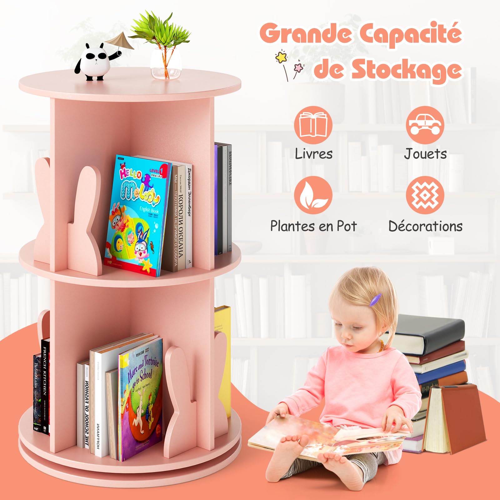GOPLUS Bibliothèque Enfant, 65CM Bibliothèque à 2 Niveaux avec Serre-Livres Lapin/Ourson, 8 Compartiments, Étagère à Livres Pivotante à 360°, pour Chambre d'enfant, Salle de Jeux (Rose)