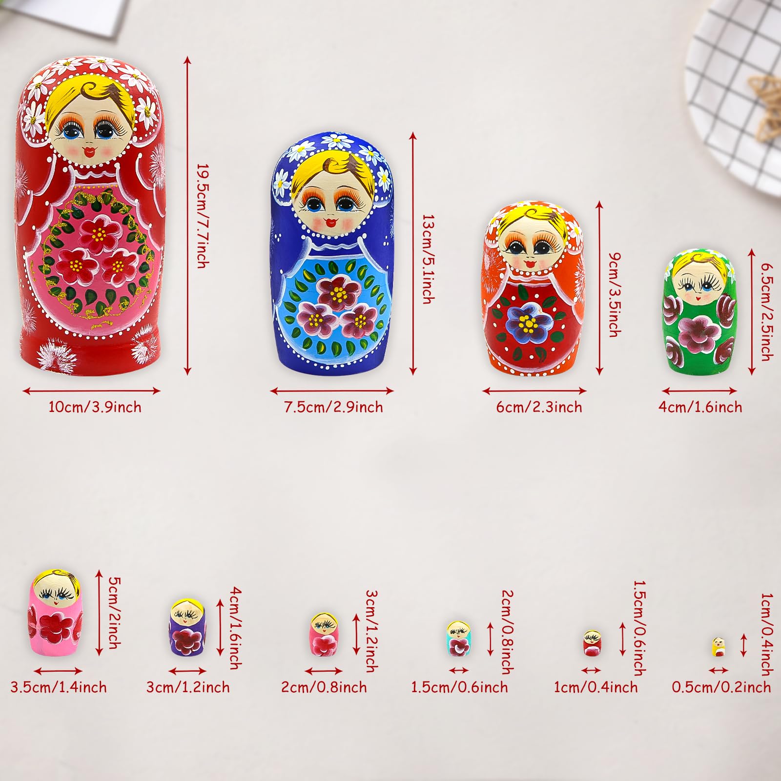 Winterworm Set of 10 Girl with Flower Russian Nesting Dolls Multicolor Matryoshka Doll Handmade Wooden Nesting Dolls Kids Stacking Doll Toy for Home Decoration Christmas Birthday Party Gift