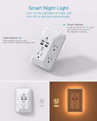 Miniatura 3 de Toma de corriente múltiple, extensor de salida con 4 puertos USB (2 USB C) y luz nocturna, protector de sobretensiones 1050J, montaje en pared,