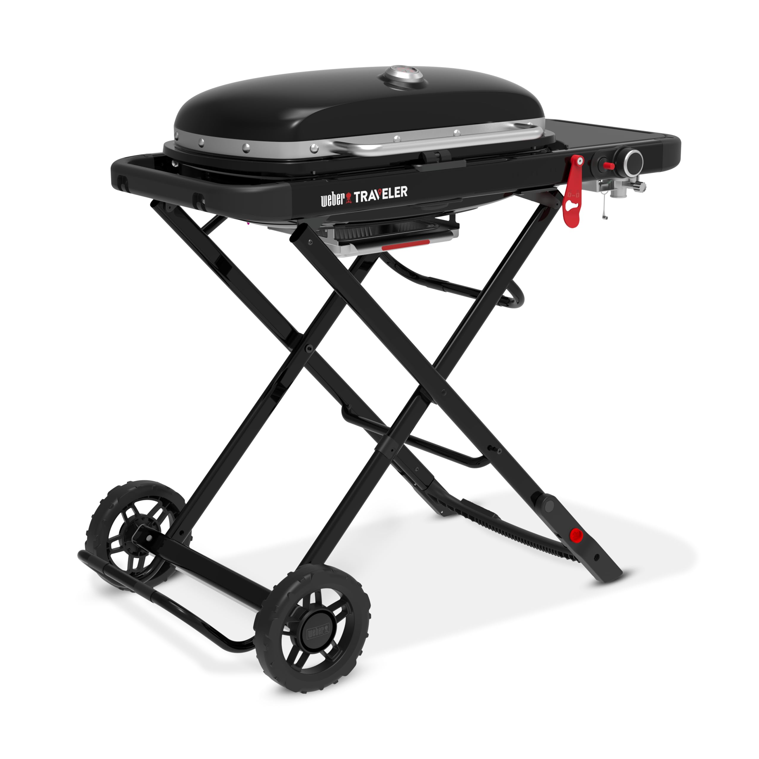 Weber Traveler barbecue à gaz/design pliable et portable avec roues, verrouillage automatique du couvercle et thermomètre intégré, 1 brûleur, largeur 111 cm, surface de cuisson 2065 cm², noir