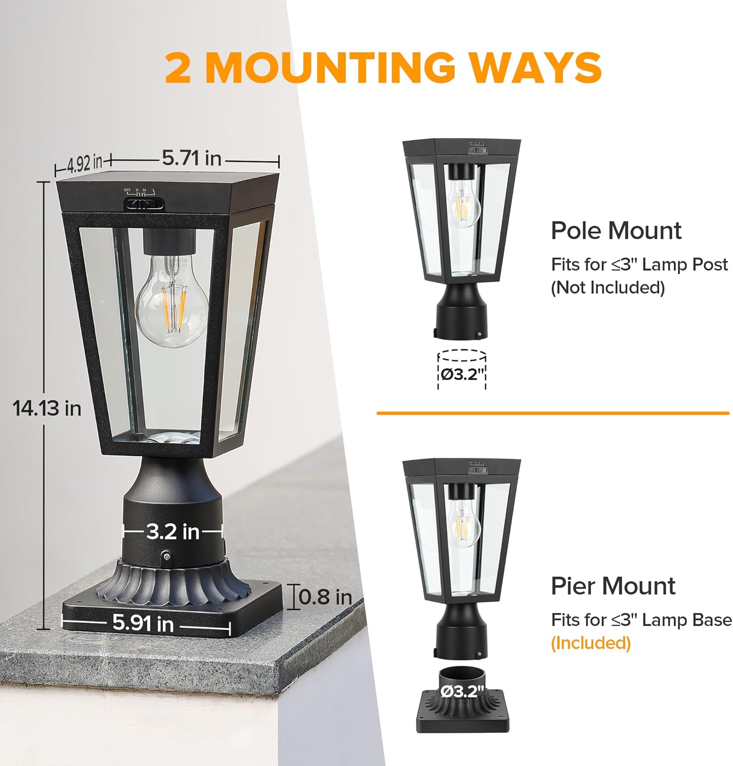 LUTEC 2 Pack Outdoor Solar Lamp Post Light with Pier Mount Base, Dusk to Dawn Waterproof Post Light Fixtures, Black Solar Powered Aluminum Post Lights for Outside