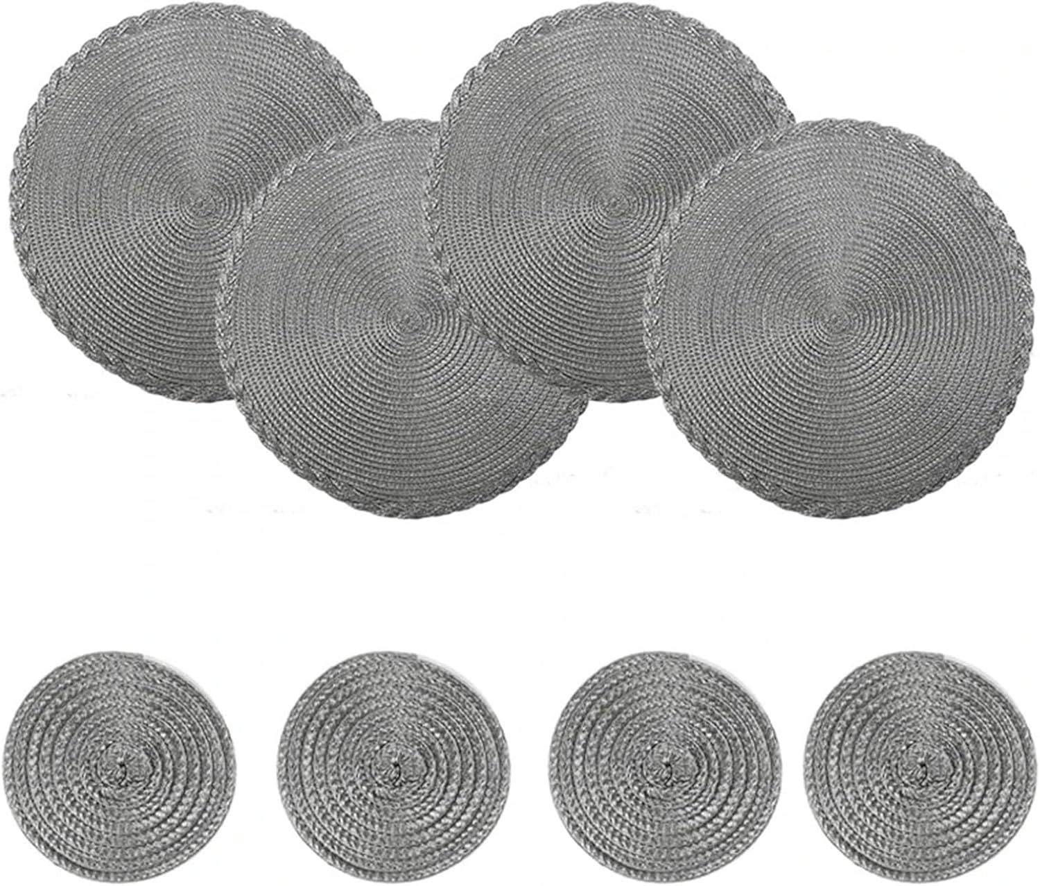 Set of 8 Round Braided Table Mat Placemats Non Slip Heat for Kitchen Dining Tables Pad with Cup Coasters(Dark Grey)