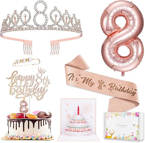 Decoraciones de cumpleaños número 8 para niñas, incluye adorno para pastel de cumpleaños de 8 años, banda de reina de cumpleaños con alfiler de