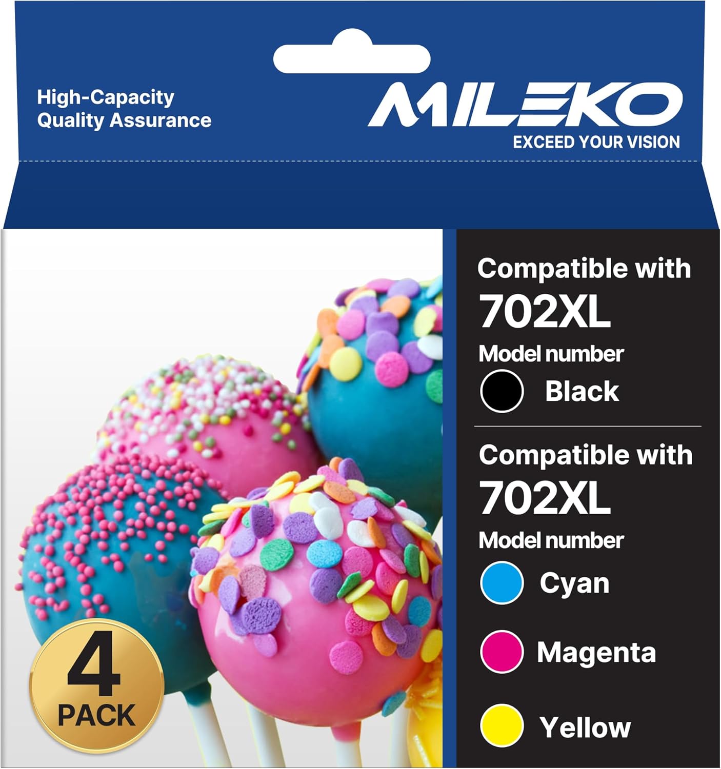 MILEKO 702XL Ink Cartridges Remanufactured Replacement for Epson 702XL 702 702 XL T702XL use with Workforce Pro WF-3720 WF-3730 WF-3733 Printer (1 Black 1 Cyan 1 Magenta 1 Yellow,4 Pack High Yield)