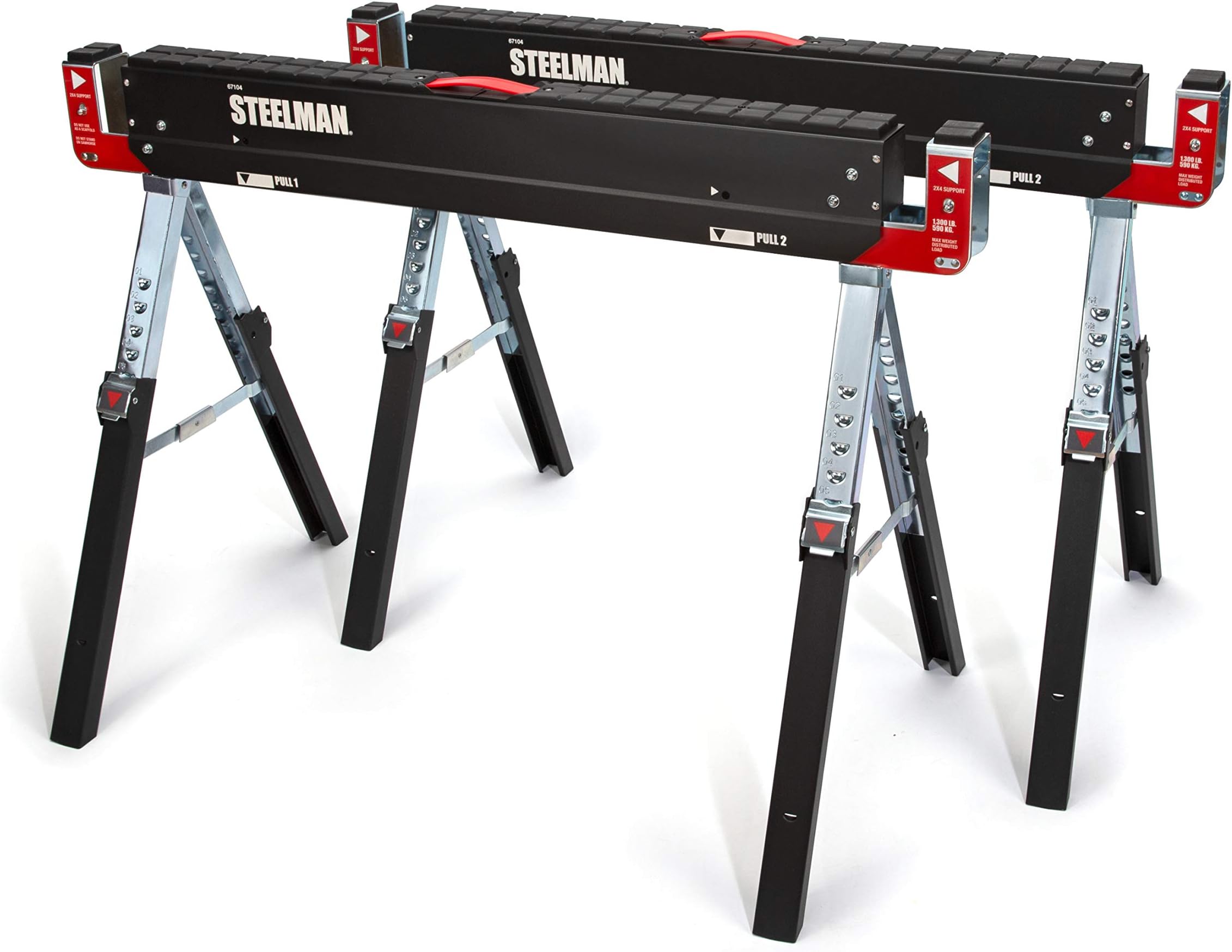 Steelman Adjustable Height Work Table Folding Sawhorses, Set of Two, Durable Steel Construction, Folding Legs, 2x4 Table Support Arms, 2,600 lb. Combined Loading Capacity