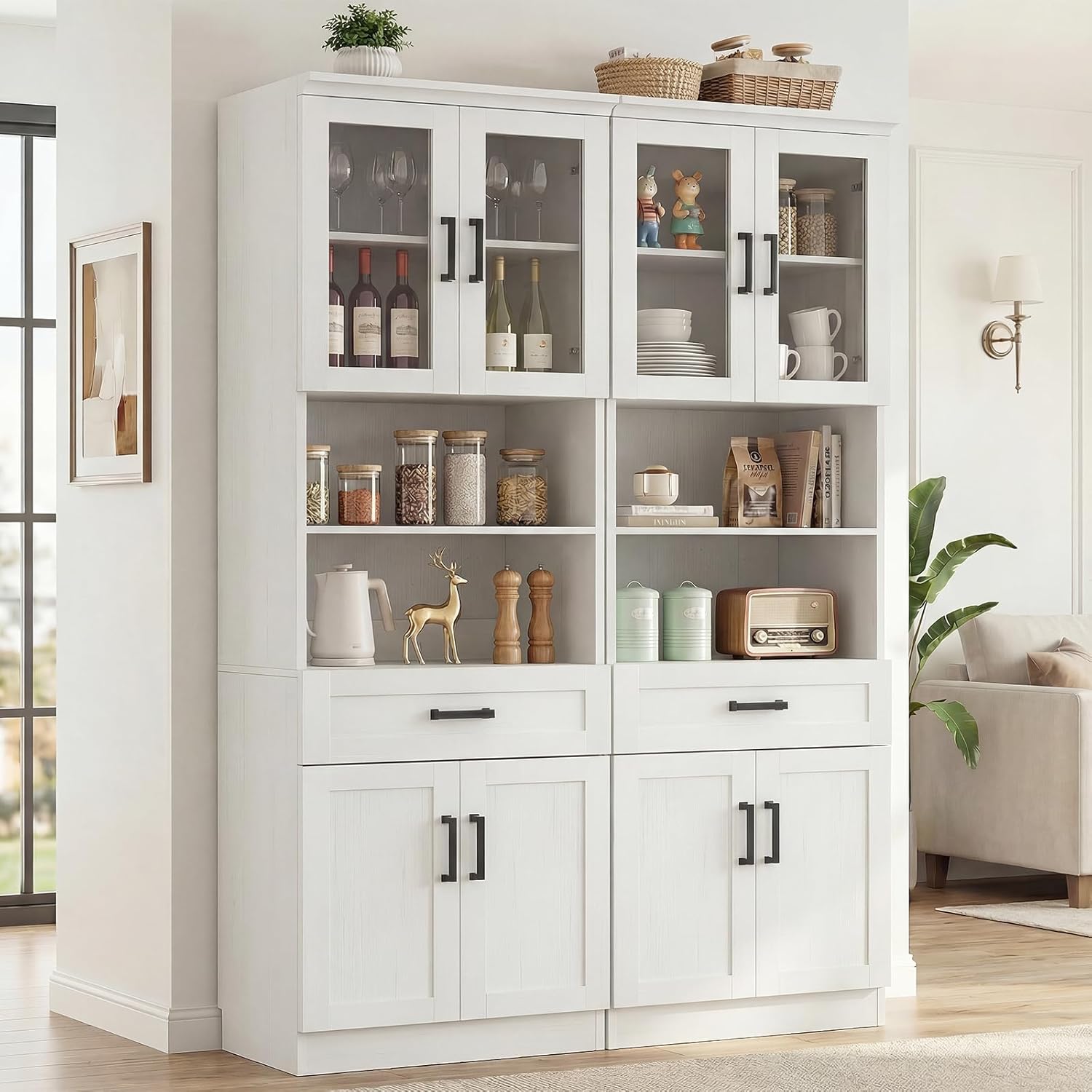 Unikito 79.7" Tall Kitchen Pantry Storage Cabinet, Freestanding Kitchen Hutch Cabinet with Glass Door, Adjustable Shelves and Drawer, Display Bookcase for Living Room, Dining Room, Bathroom, Black