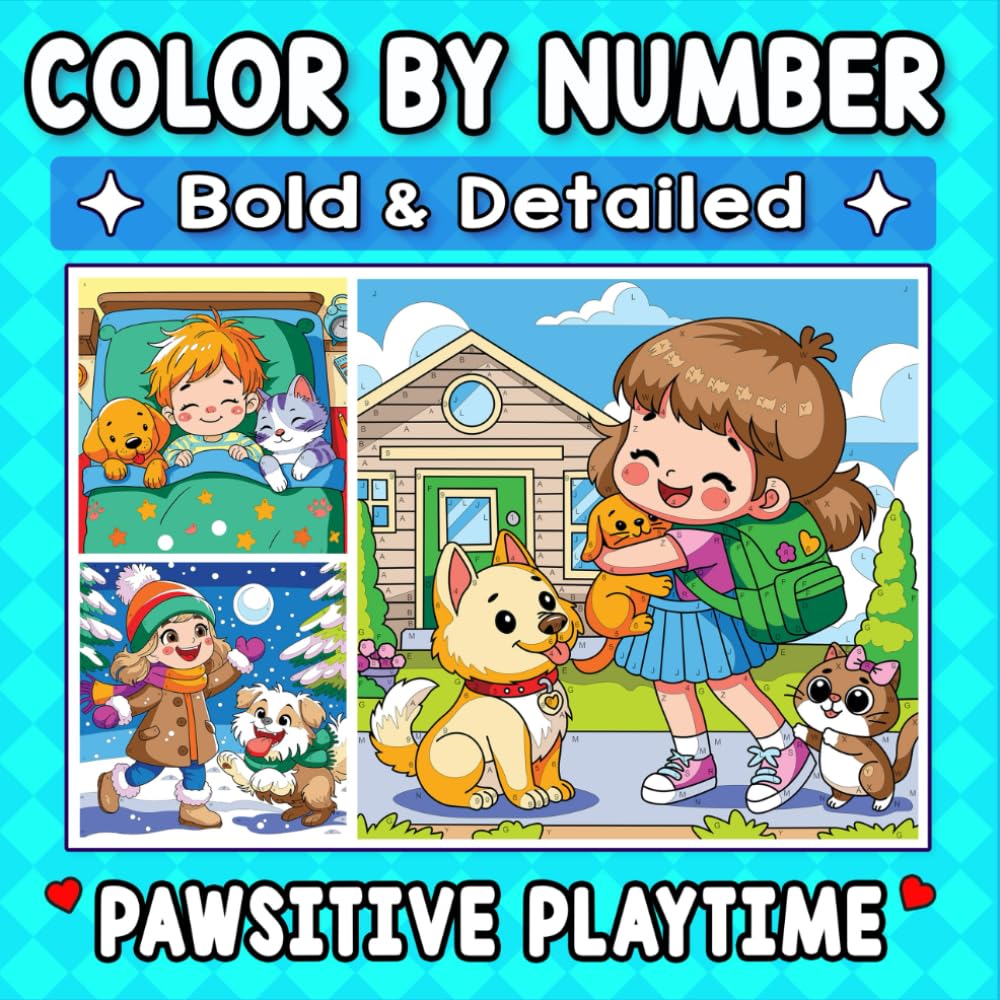 Color By Number Bold & Detailed Pawsitive Playtime: A Playful Coloring Adventure with Kids, Dogs, and Cats for Adult Relaxation