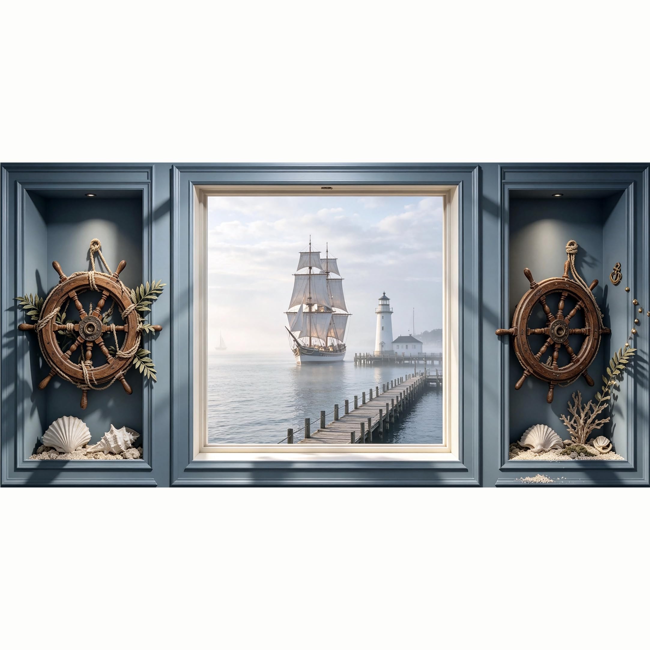 QZLITHOTIC 50x100cm 3D Framed Wall Art， Coastal Nautical Ship Lighthouse Pier Self‑Adhesive Mural， Water‑Activated Peel & Stick Fabric Decor Wall Decal for Bedroom Living Room