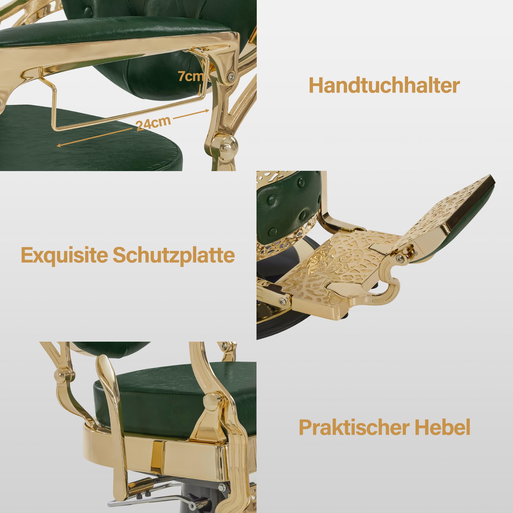 Barberpub Friseurstuhl mit Kopfstütze Kippbar, Friseureinrichtung mit Hydraulikpumpe 360° Drehbar, Höhenverstellbarer Bedienungsstuhl mit Vintage Stil, Barber Stuhl Kunstleder, 2933-F (Gold-Grün)