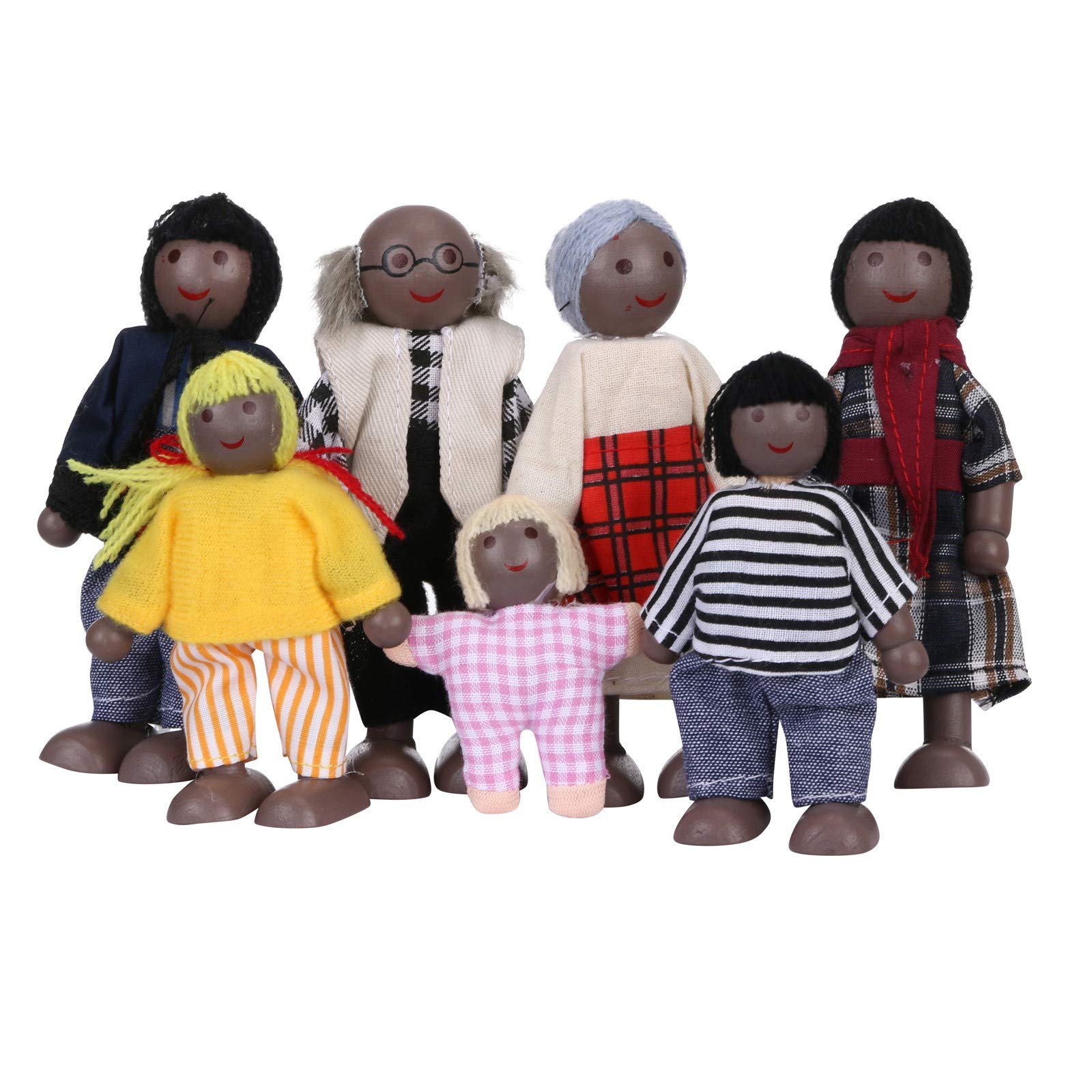 IJKLMNOP Sets of 7 People Wooden Dolls House Family Doll Toys, Lovely Happy Family Dolls Playset DollHouse Accessories for Doll House Kids Children Toy
