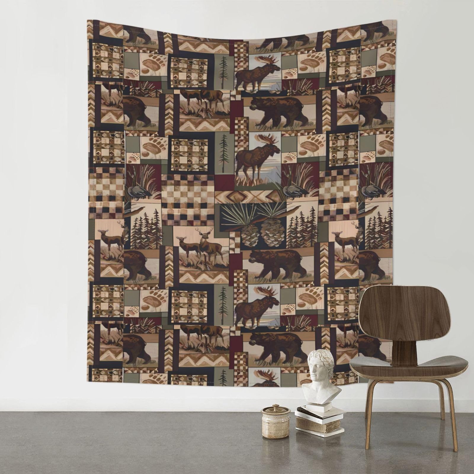 WHJSHOP Lodge Bear Deer Prints Original Wall Tapestry 60x51in – Boho Throw Blanket for Dorm Decor, Beach Picnic, & Bedroom Layering