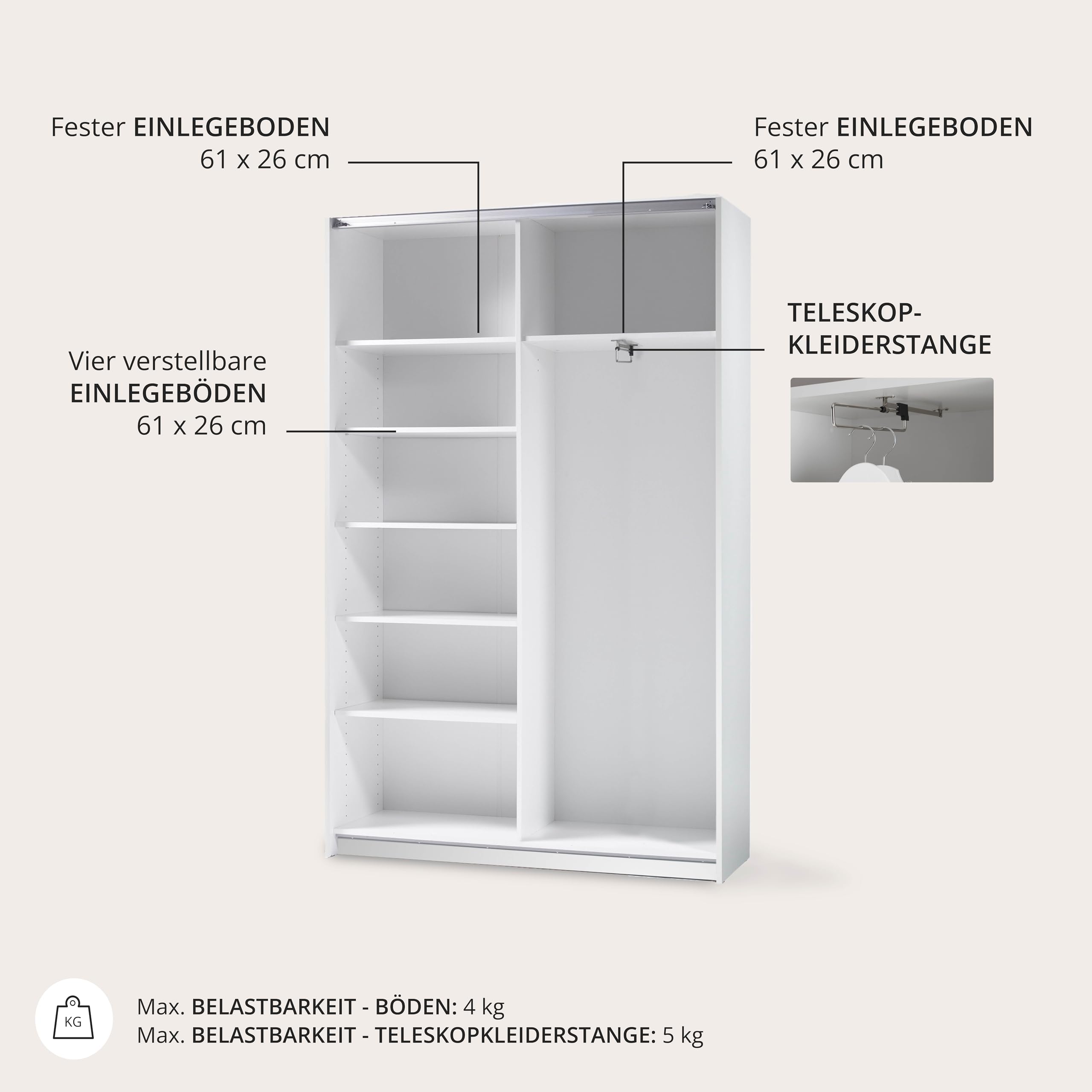 Stella Trading FAST Eleganter Kleiderschrank / Garderobenschrank mit viel Stauraum - Vielseitiger Schwebetürenschrank in weiß - 125 x 195 x 38 cm (B/H/T)