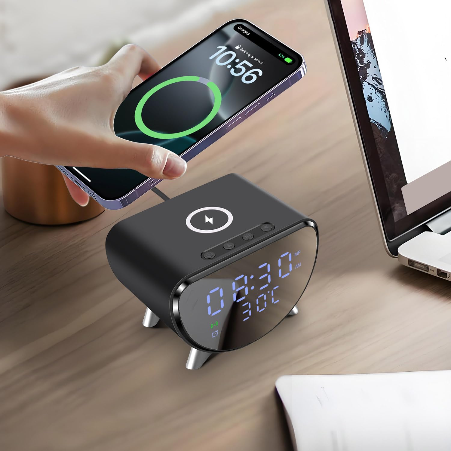 Chargeur sans Fil avec Horloge/Réveil Numérique, Chargeur à Induction Station de Charge pour iPhone/Samsung Galaxy/Pixel, Réveil de Chevet, Horloge de 12/24h, Affichage LED avec Température, Noir