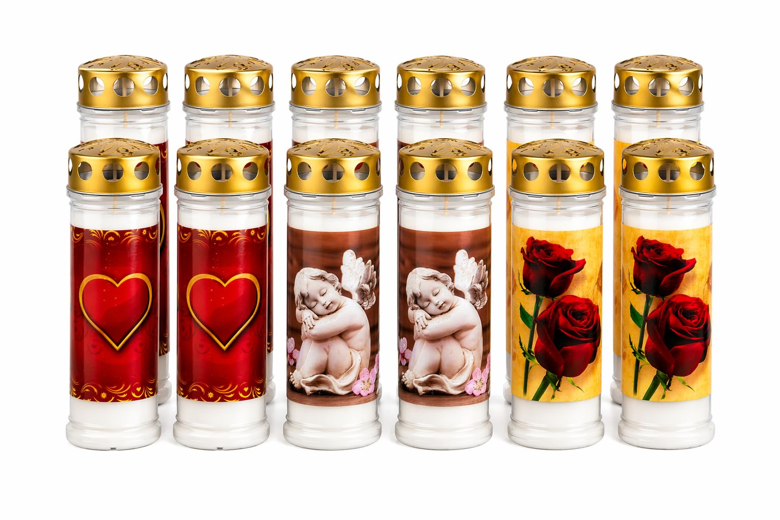 Grabkerzen 12er Set mit Motiv - 7 Tage Brenndauer Friedhofskerze - Premium Grablichter Wetterfest mit Deckel - Gedenklicht Engel Herz Rose - Trauerkerzen Dauerbrenner für Grabschmuck