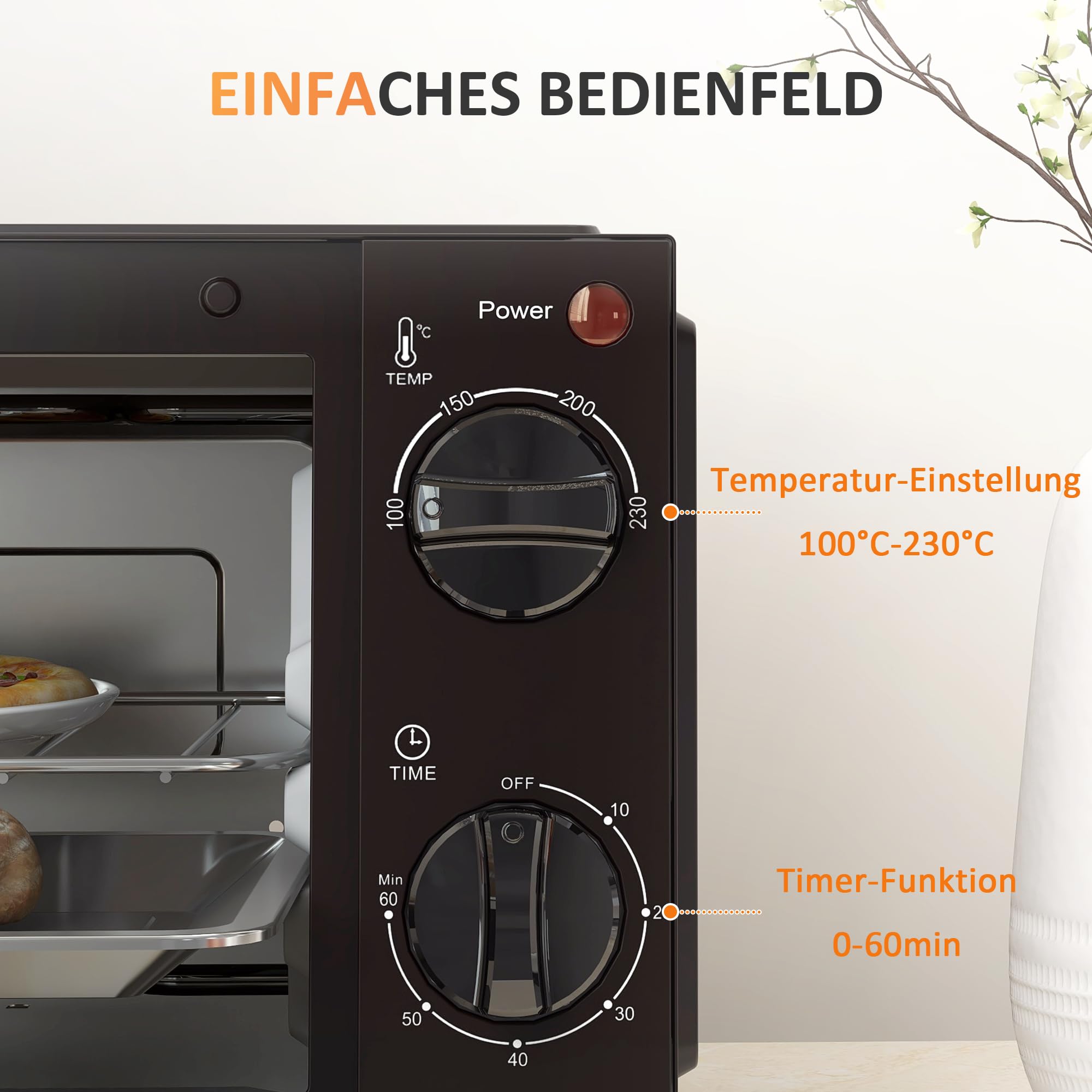 HOMCOM Mini Backofen 9 L 750W 100-230℃ 60 Min. Timer inkl. Backblech, Grillrost, Glas Fenster, Platzsparend Minibackofen Pizza-Ofen, Schwarz