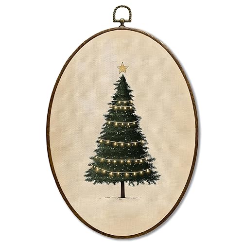 JQF Vintage Christmas Tree Oval Wall Decor, Winter Xmas Tree