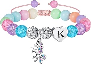 Hidepoo Valentines Gifts for Kids Girls - Unicorn Bracelet for Girls Gifts Adjustable Beads and Rhinestone Balls Unicorn Initial Bracelet Jewelry Birthday Gift Valentines Gift for Girl Kids Teens