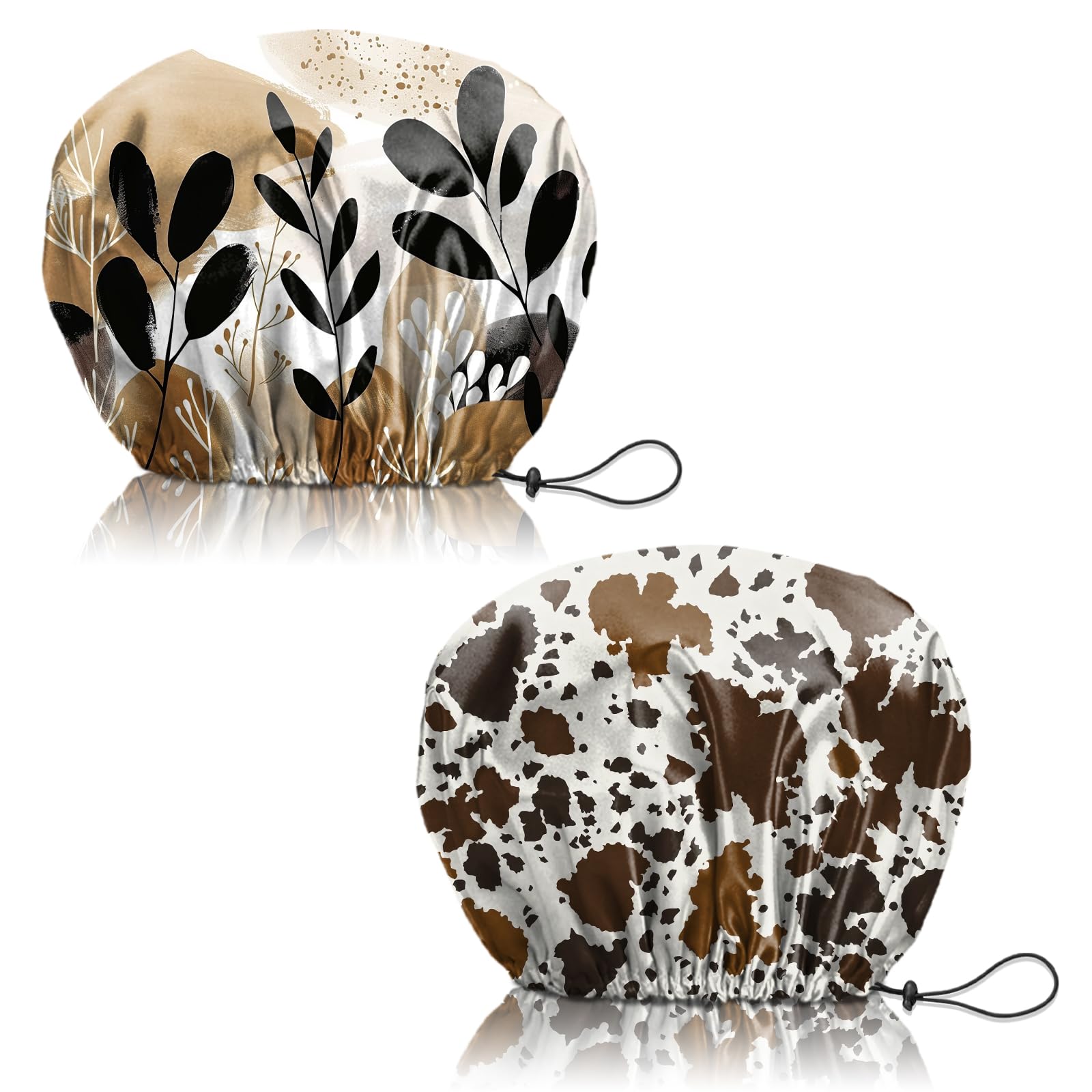 Deokke Duschhaube, 2 Stück wasserdichte Doppelschicht wiederverwendbar shower cap, verstellbar, elastisch, ästhetisch, niedlich Duschhaube für Damen (Q17-Blattrindsleder)