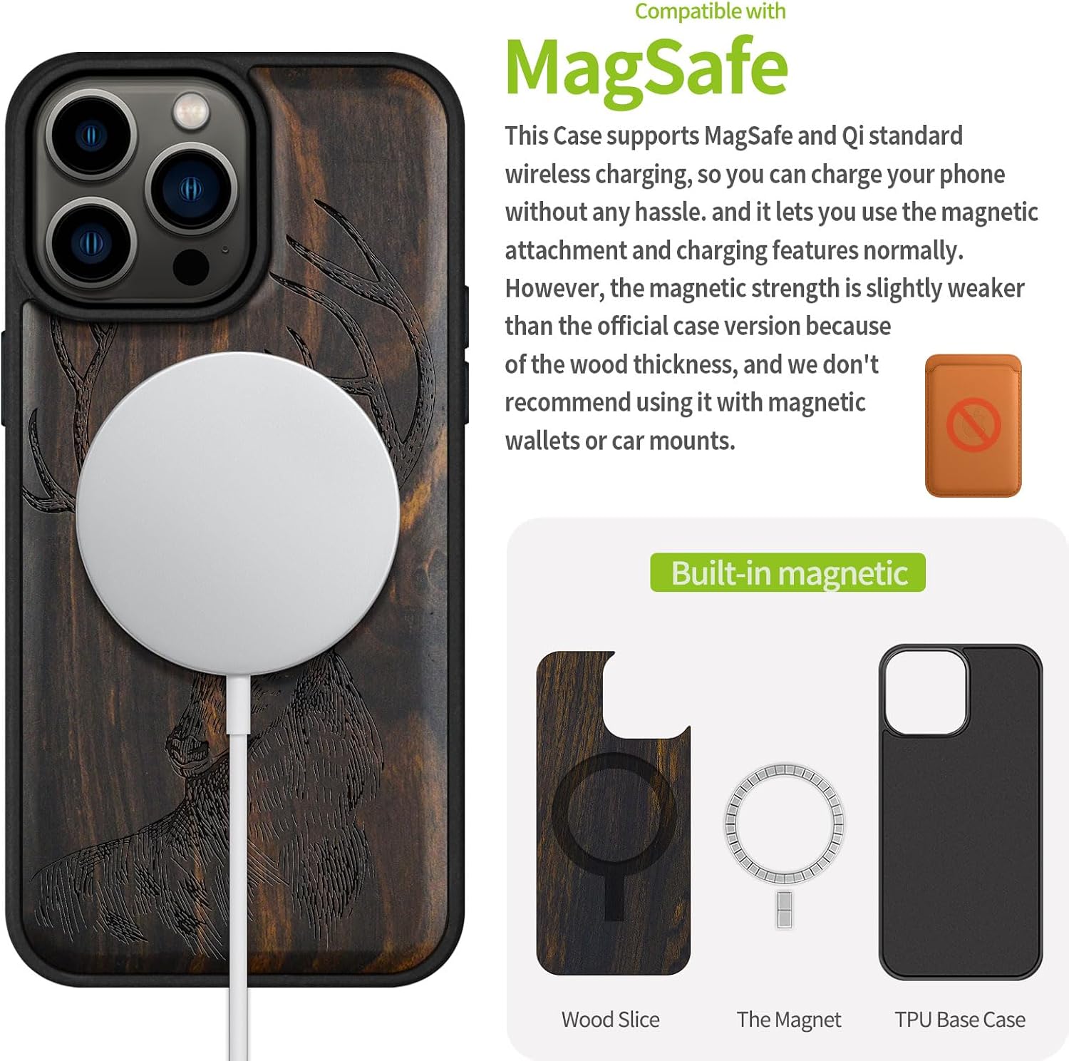 Carveit Magnetic Wooden Case for iPhone 15 Pro Max Case, Compatible with MagSafe Wireless Chargers, Black Soft TPU Shockproof Cover & Wood Artisan Engraved (Deer Head) - Blackwood