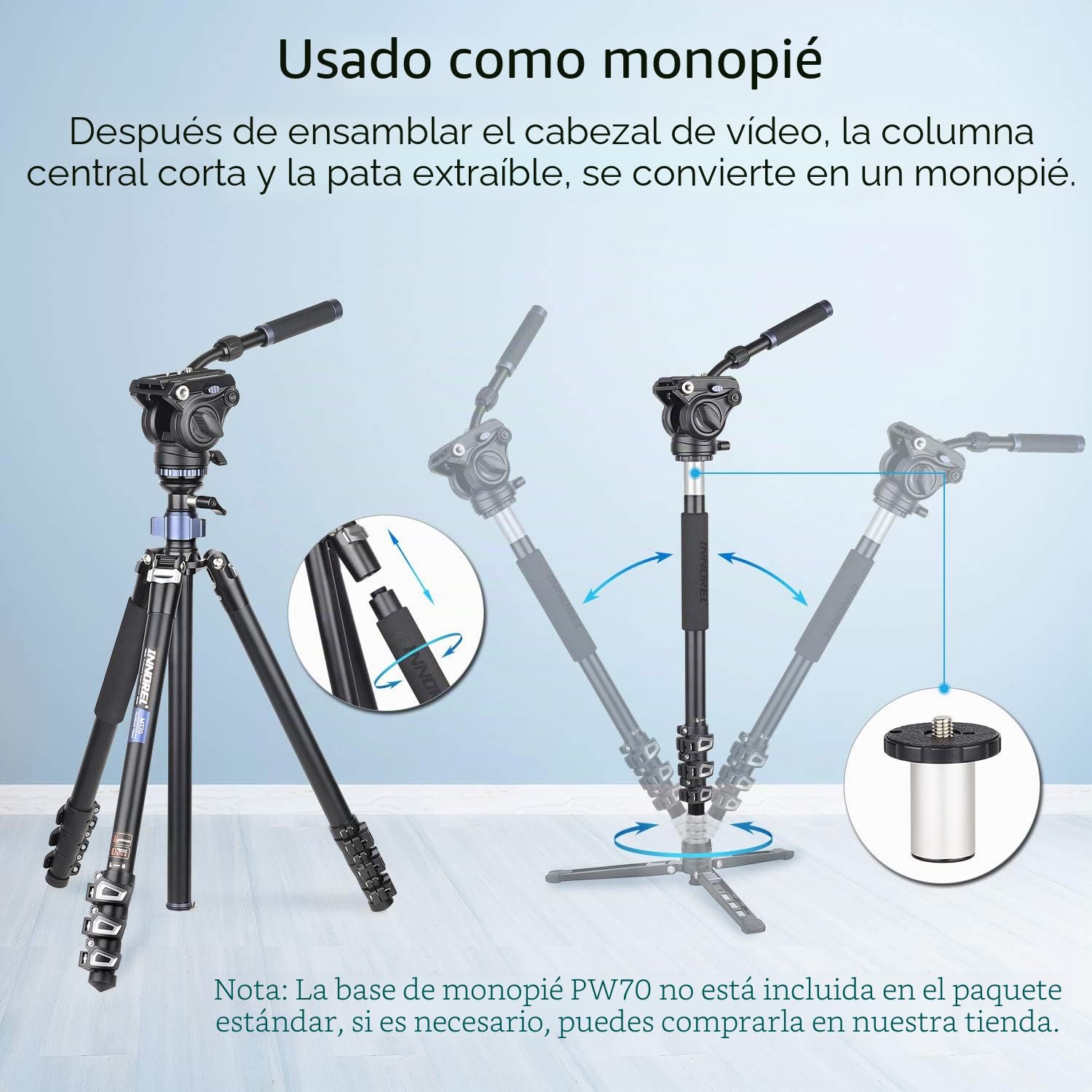 INNOREL MT70 Trípode para cámara de Video Profesional 183 cm, con Cabezal de Arrastre Fluido, trípode de Aluminio Compacto de 4 Secciones Convertible a monopié para cámara DSLR, videocámara