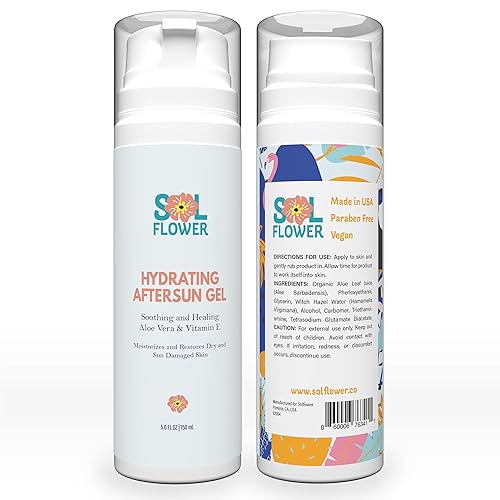Solflower Gel hidratante después del sol, para piel seca y dañada por el sol, aloe vera y vitamina E, vegano, sin parabenos, 5 fl oz